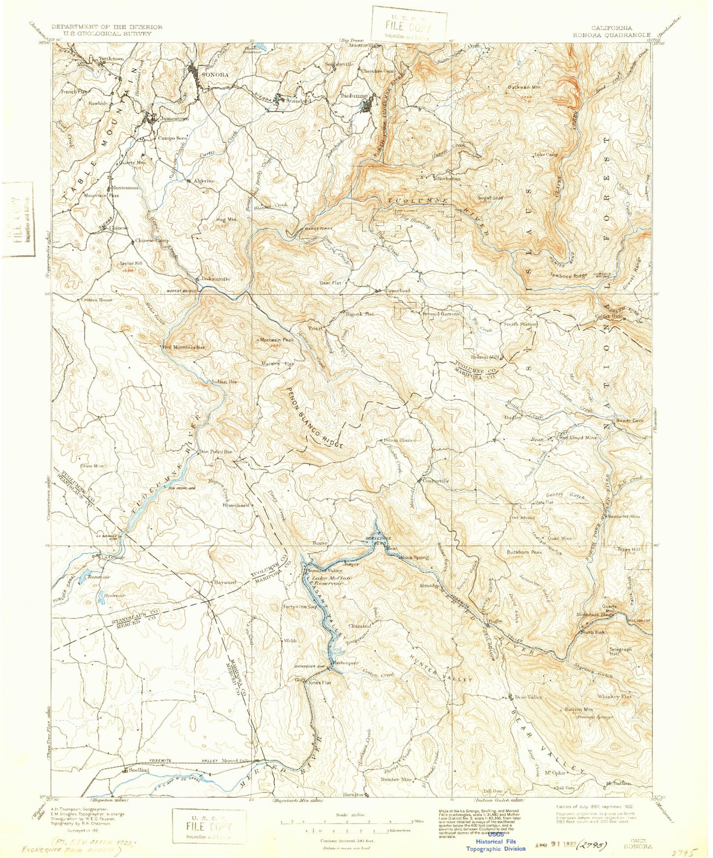 Historic 1898 Sonora California 30'x30' Topo Map Image