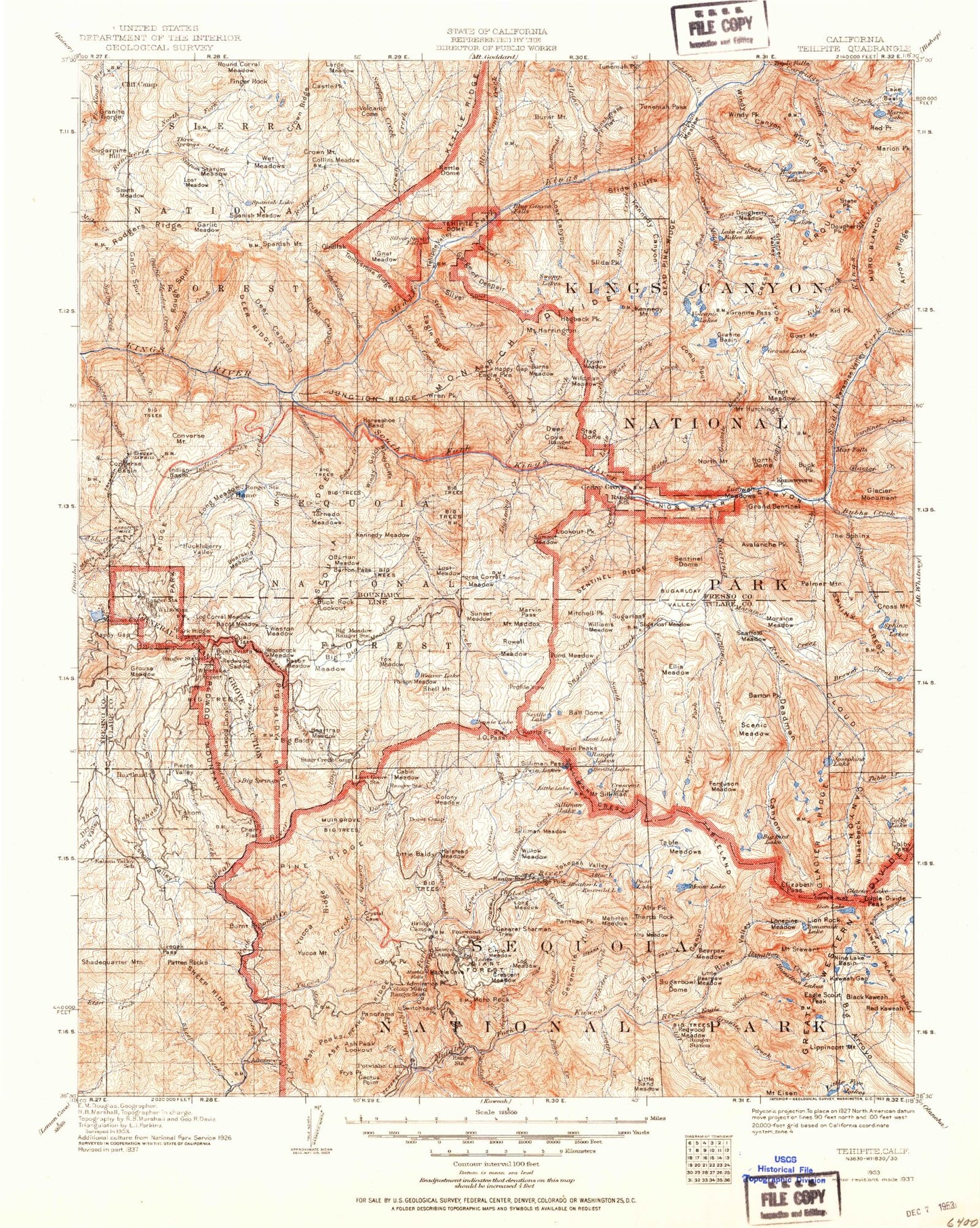 Historic 1903 Tehipite California 30'x30' Topo Map Image