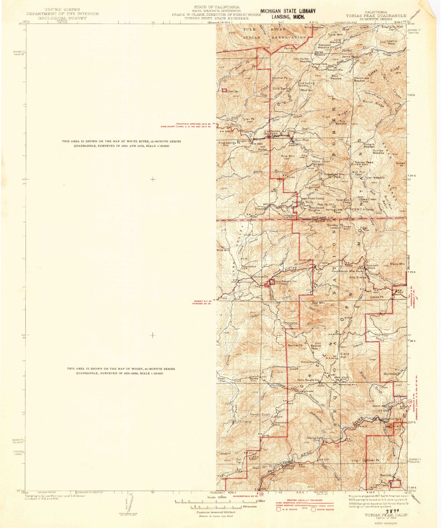 Historic 1943 Tobias Peak California 30'x30' Topo Map Image