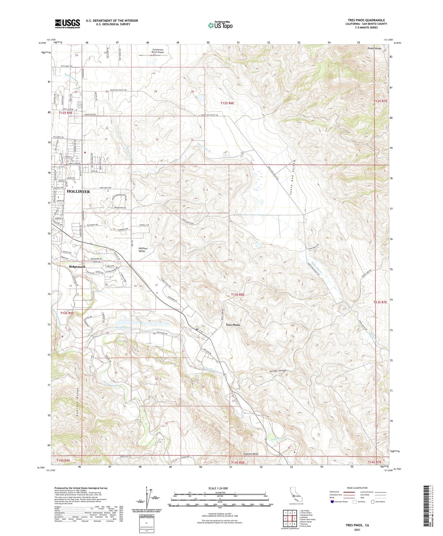 Tres Pinos California US Topo Map Image