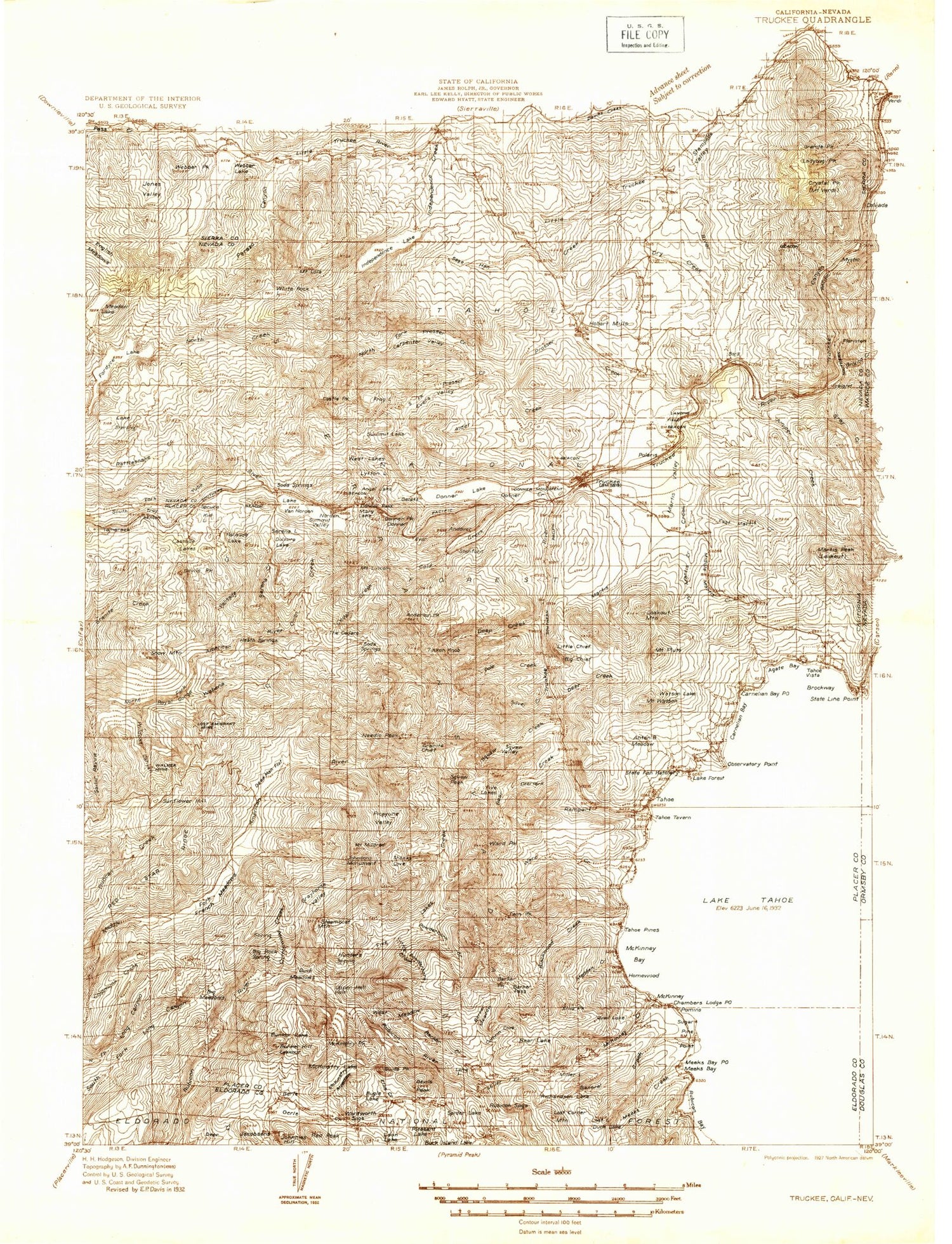 Historic 1932 Truckee California 30'x30' Topo Map Image