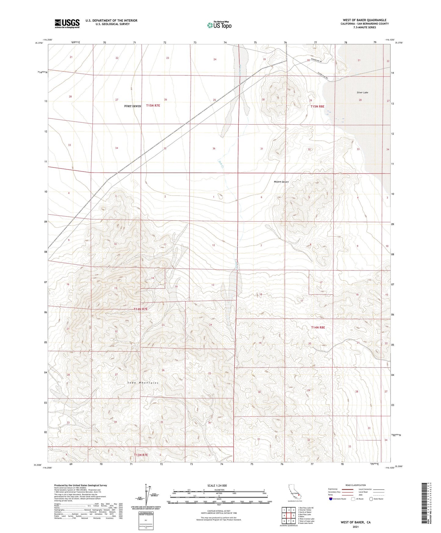 West of Baker California US Topo Map Image