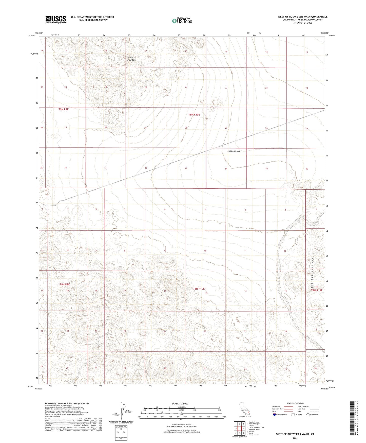 West of Budweiser Wash California US Topo Map Image