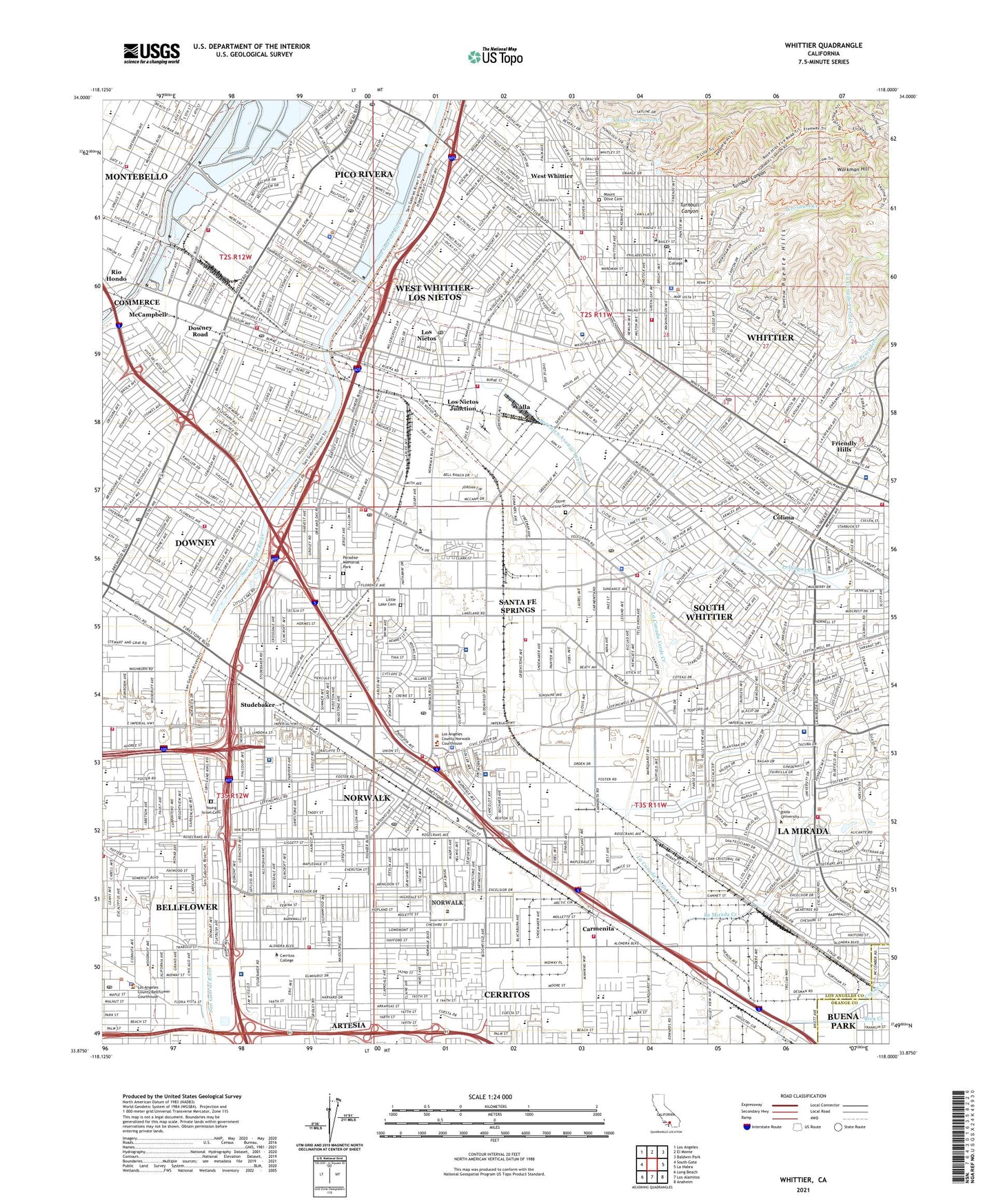 Whittier California US Topo Map Image