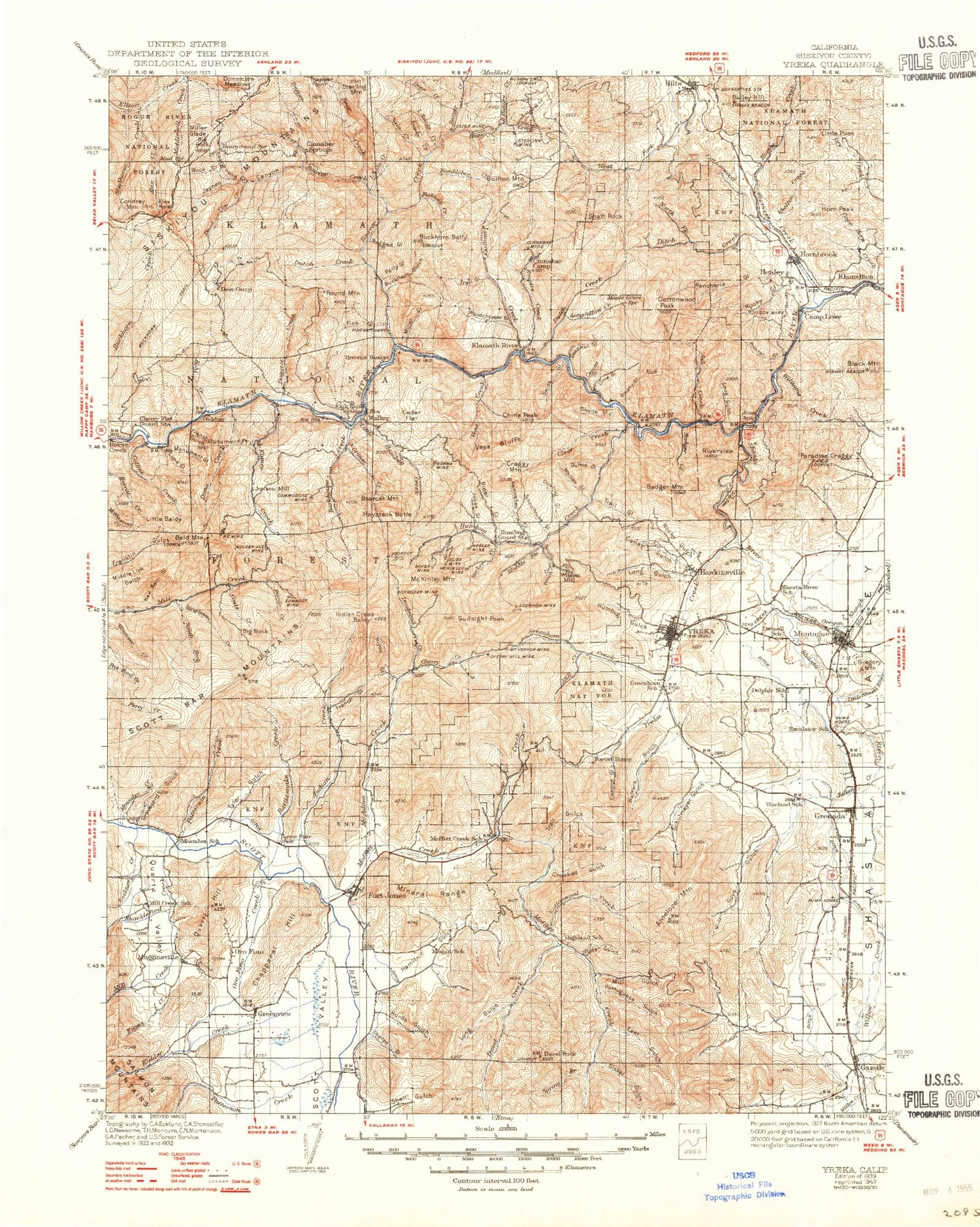 Historic 1939 Yreka California 30'x30' Topo Map Image