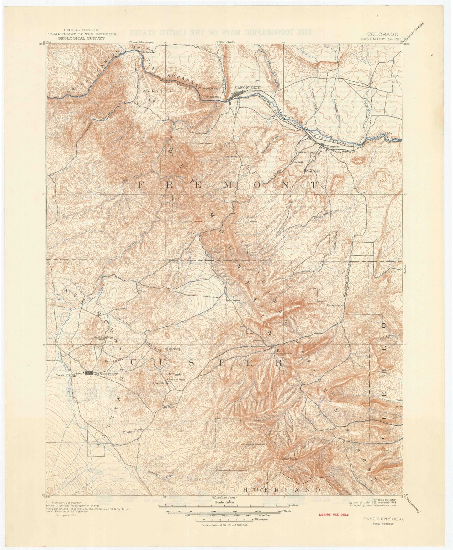 Historic 1892 Canon City Colorado 30'x30' Topo Map Image