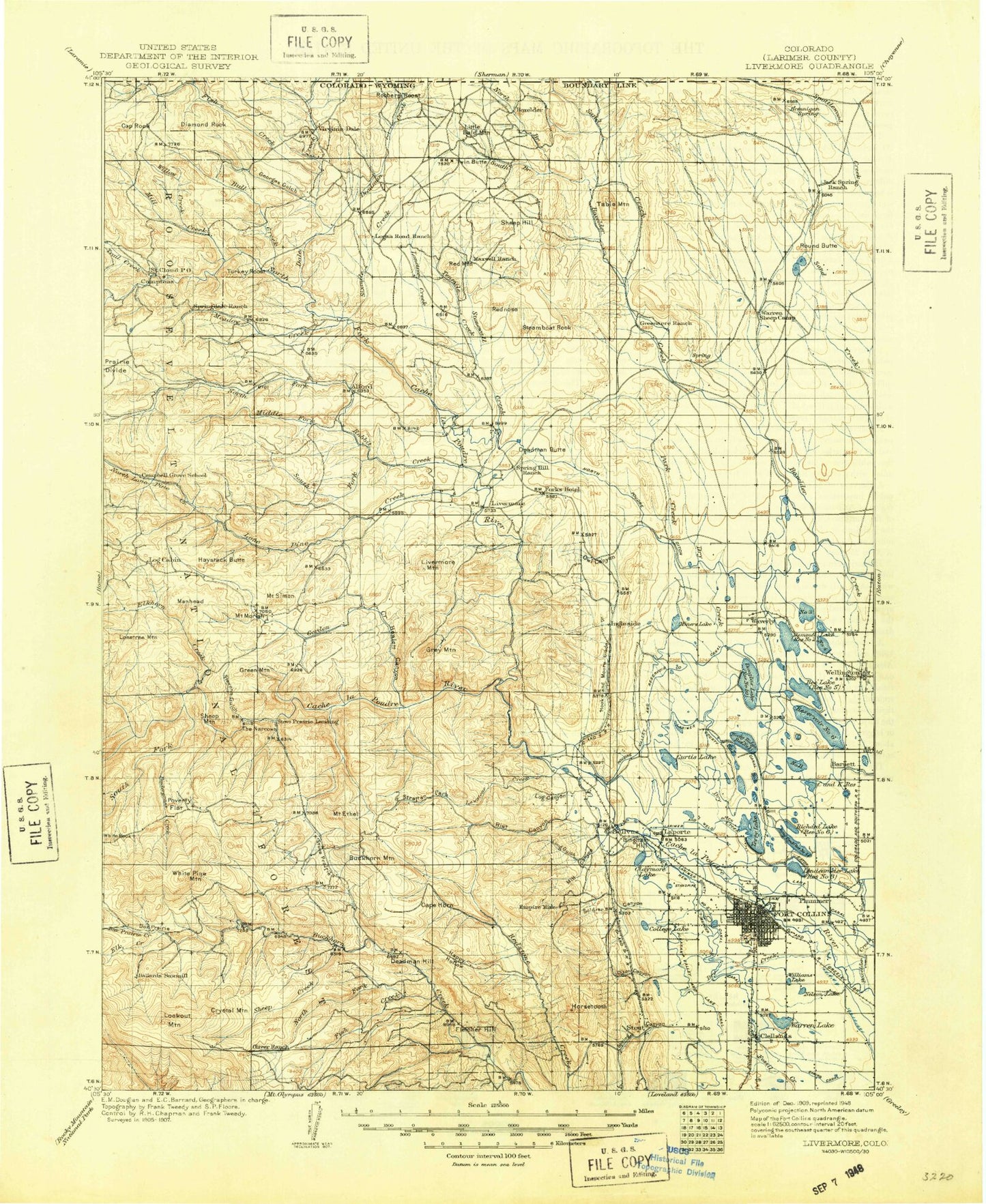 Historic 1909 Livermore Colorado 30'x30' Topo Map Image