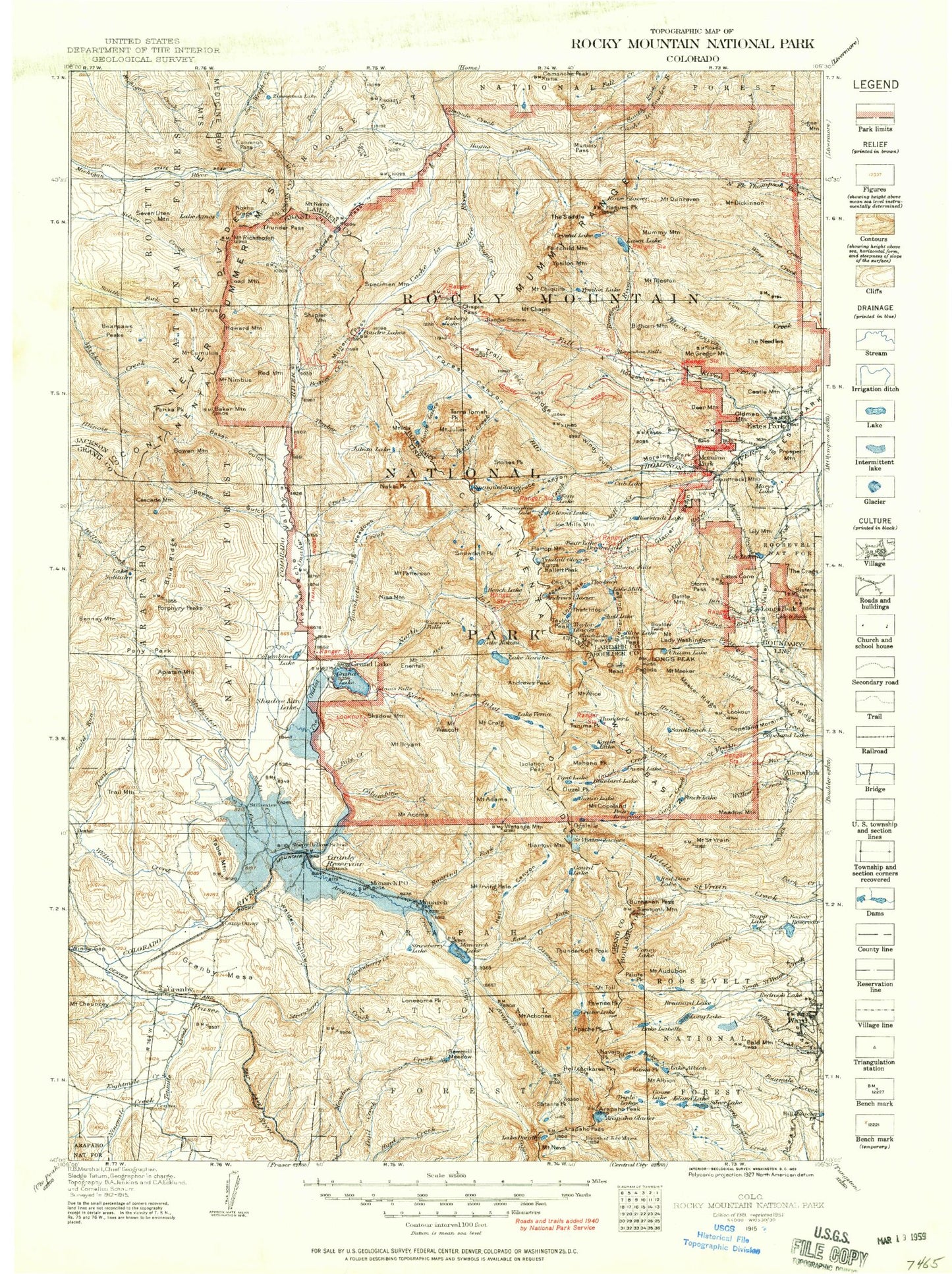 Historic 1915 Rocky Mountain National Peak Colorado 30'x30' Topo Map Image