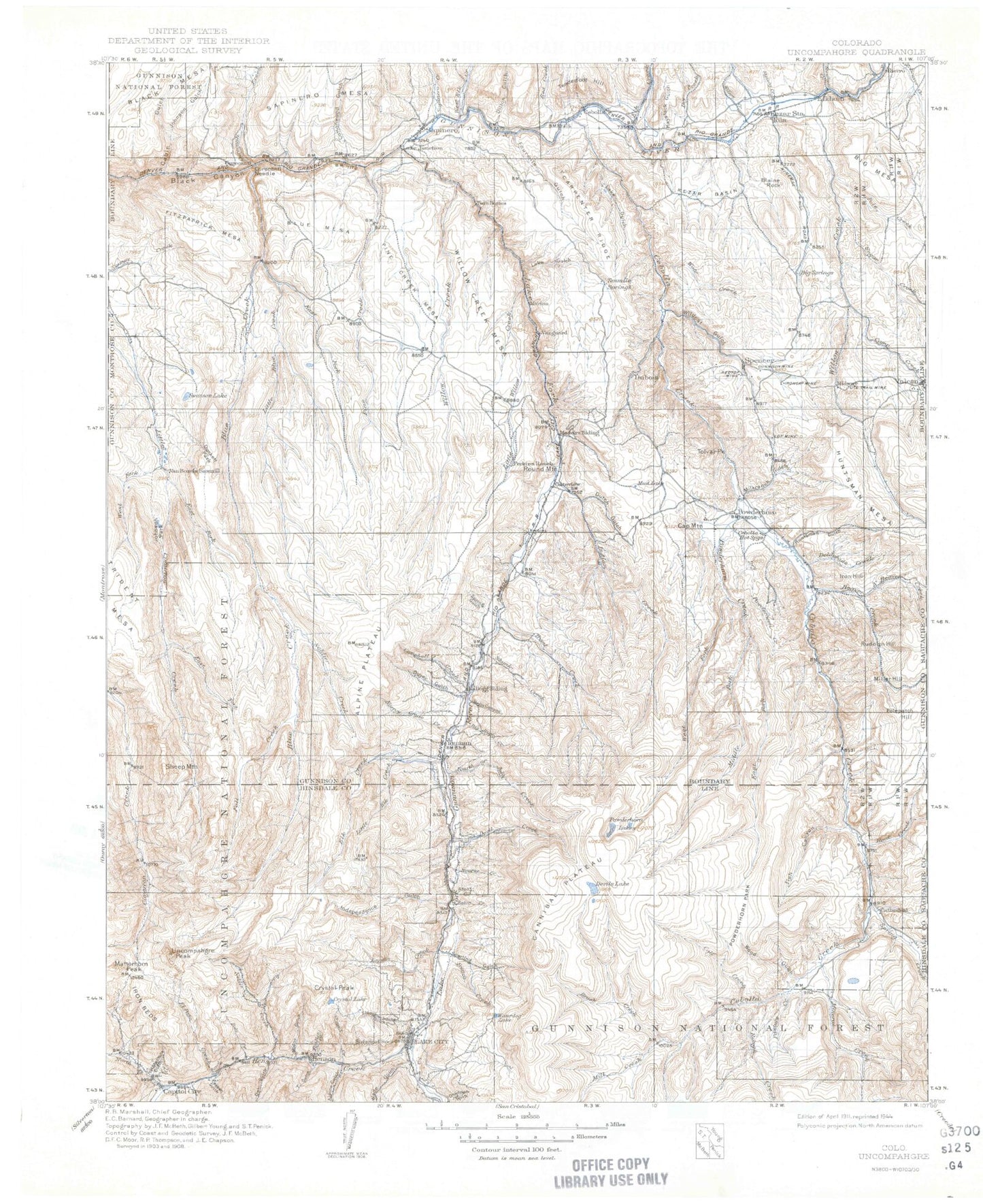 Historic 1911 Uncompahgre Colorado 30'x30' Topo Map Image
