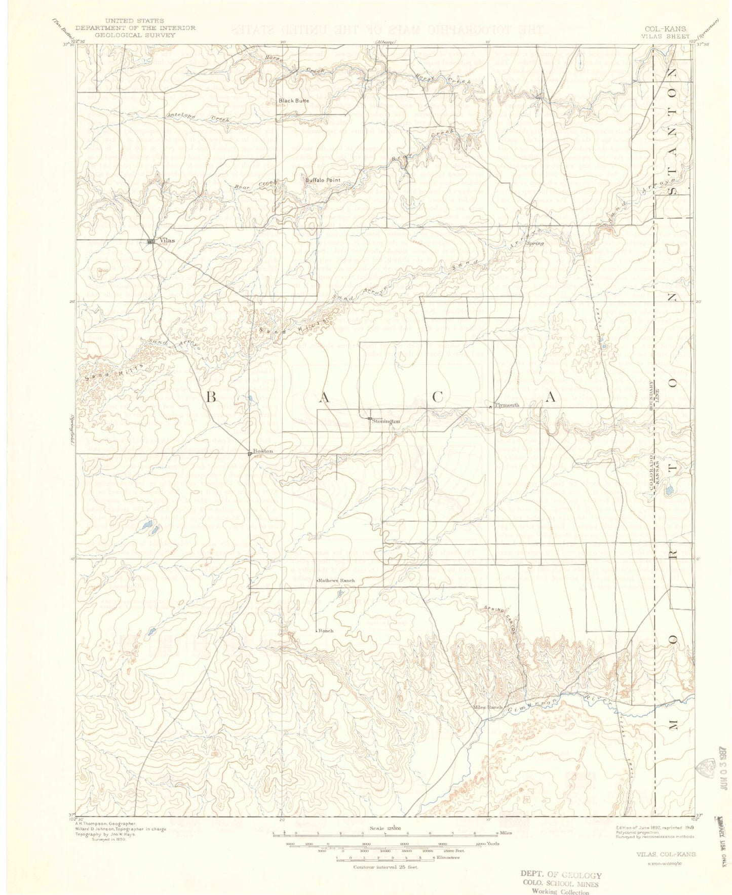 Historic 1892 Vilas Colorado 30'x30' Topo Map Image
