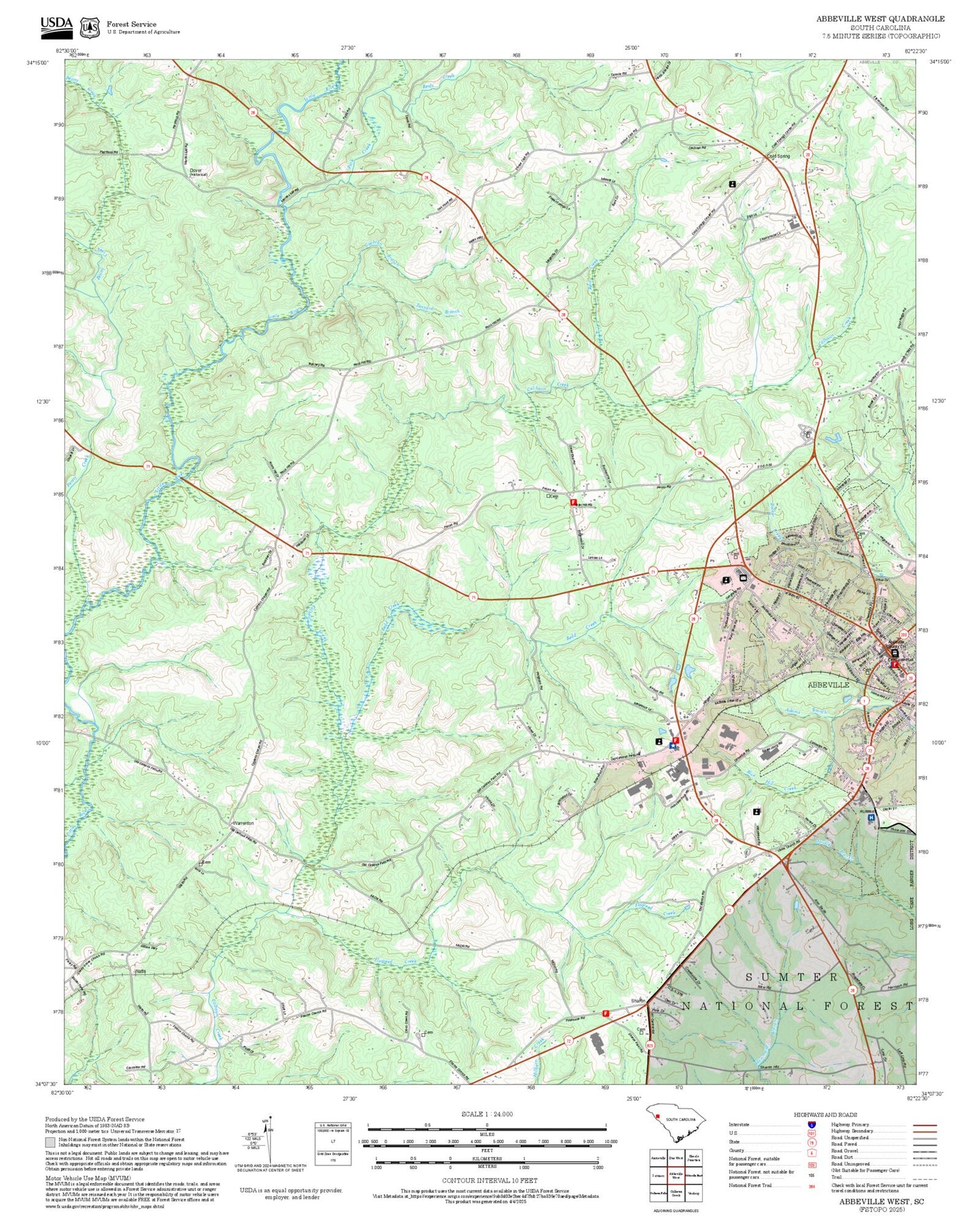 2025 Forest Service Topo Map of Abbeville West South Carolina