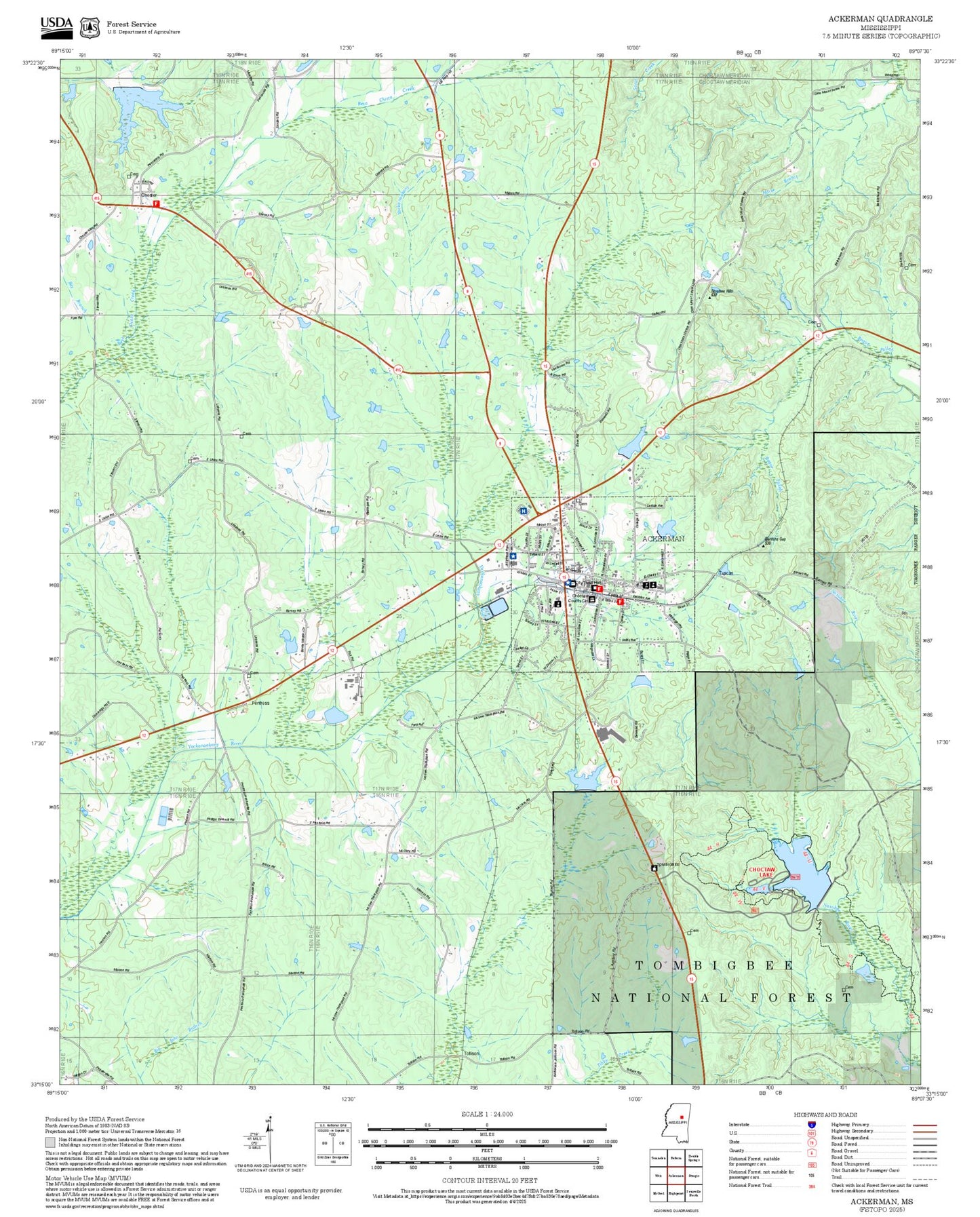 2025 Forest Service Topo Map of Ackerman Mississippi