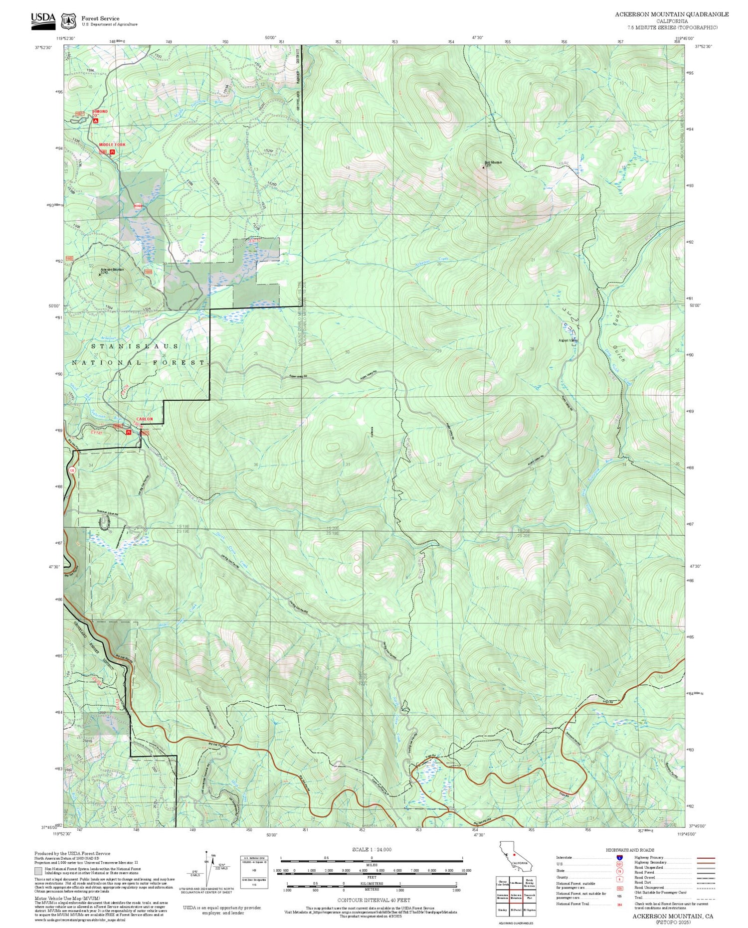 2025 Forest Service Topo Map of Ackerson Mountain California