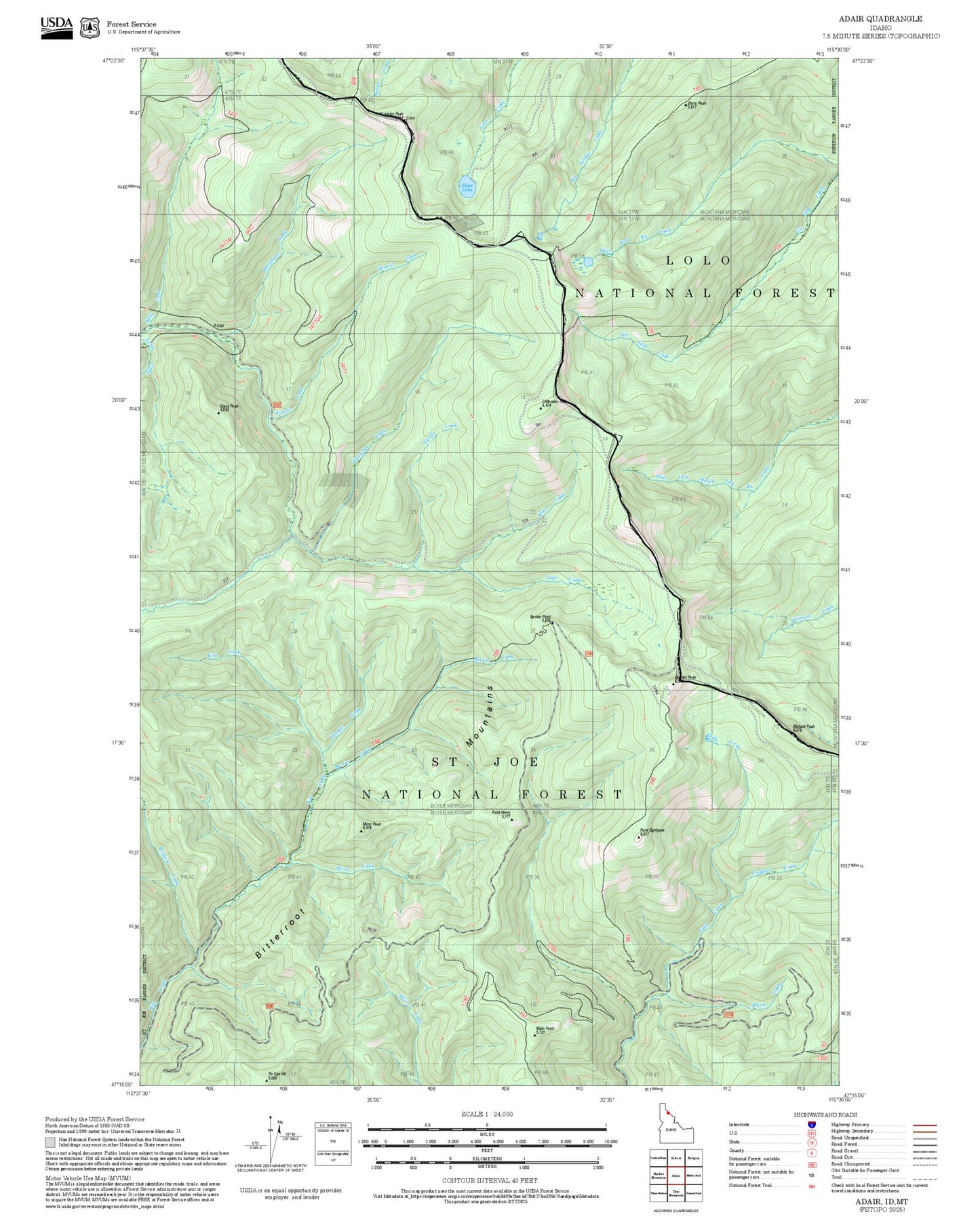 2025 Forest Service Topo Map of Adair Idaho