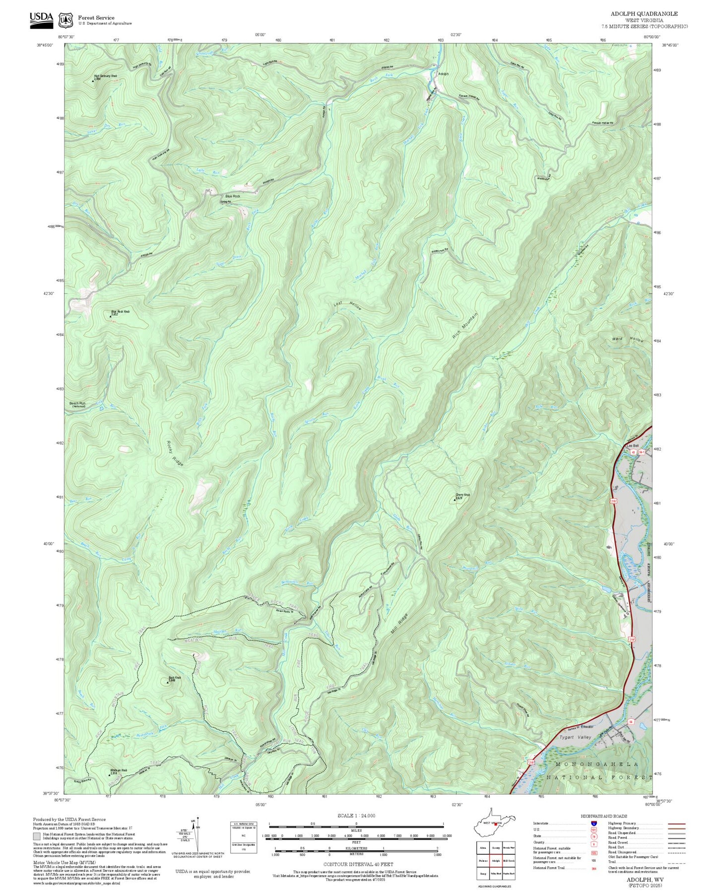 2025 Forest Service Topo Map of Adolph West Virginia