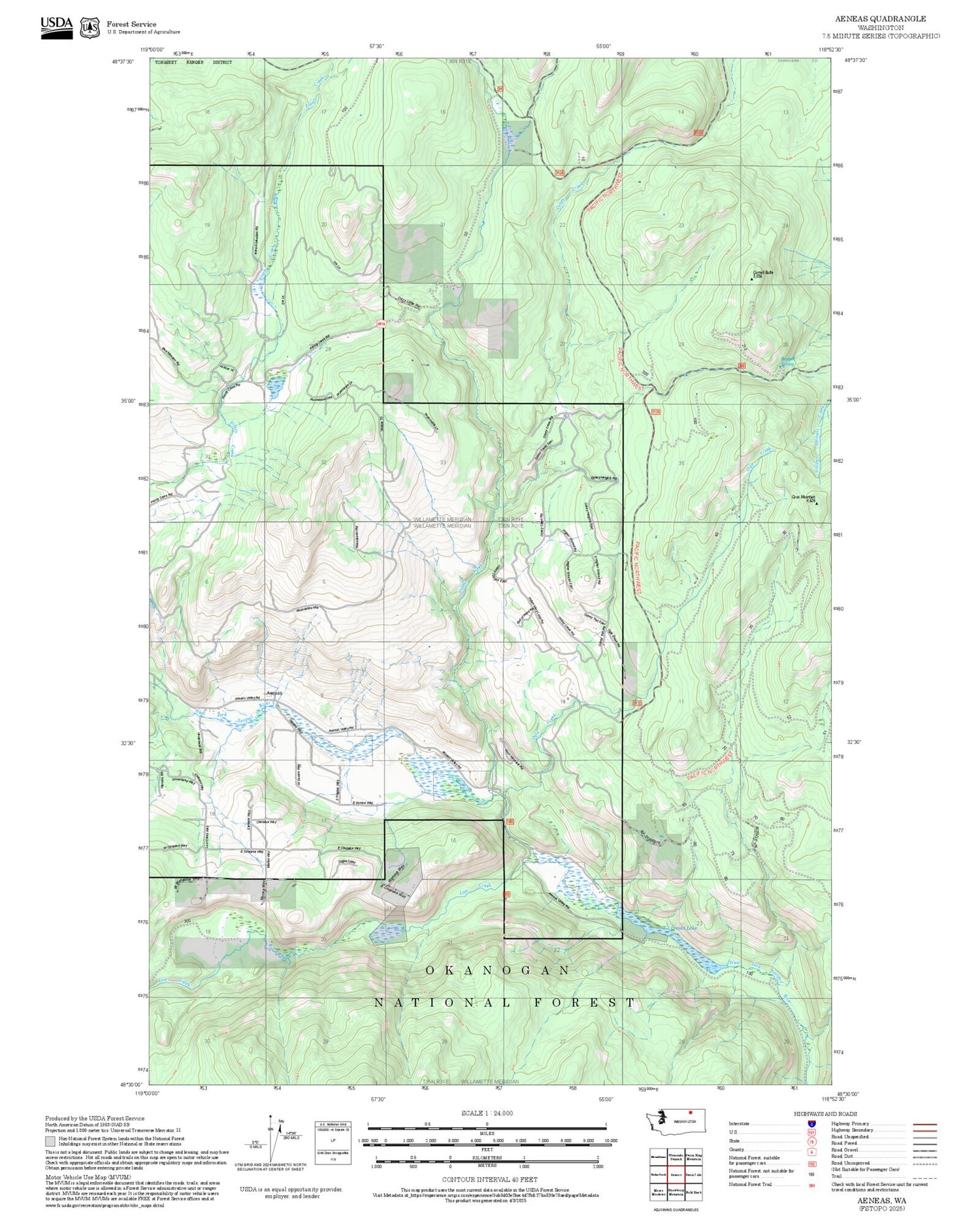 2025 Forest Service Topo Map of Aeneas Washington