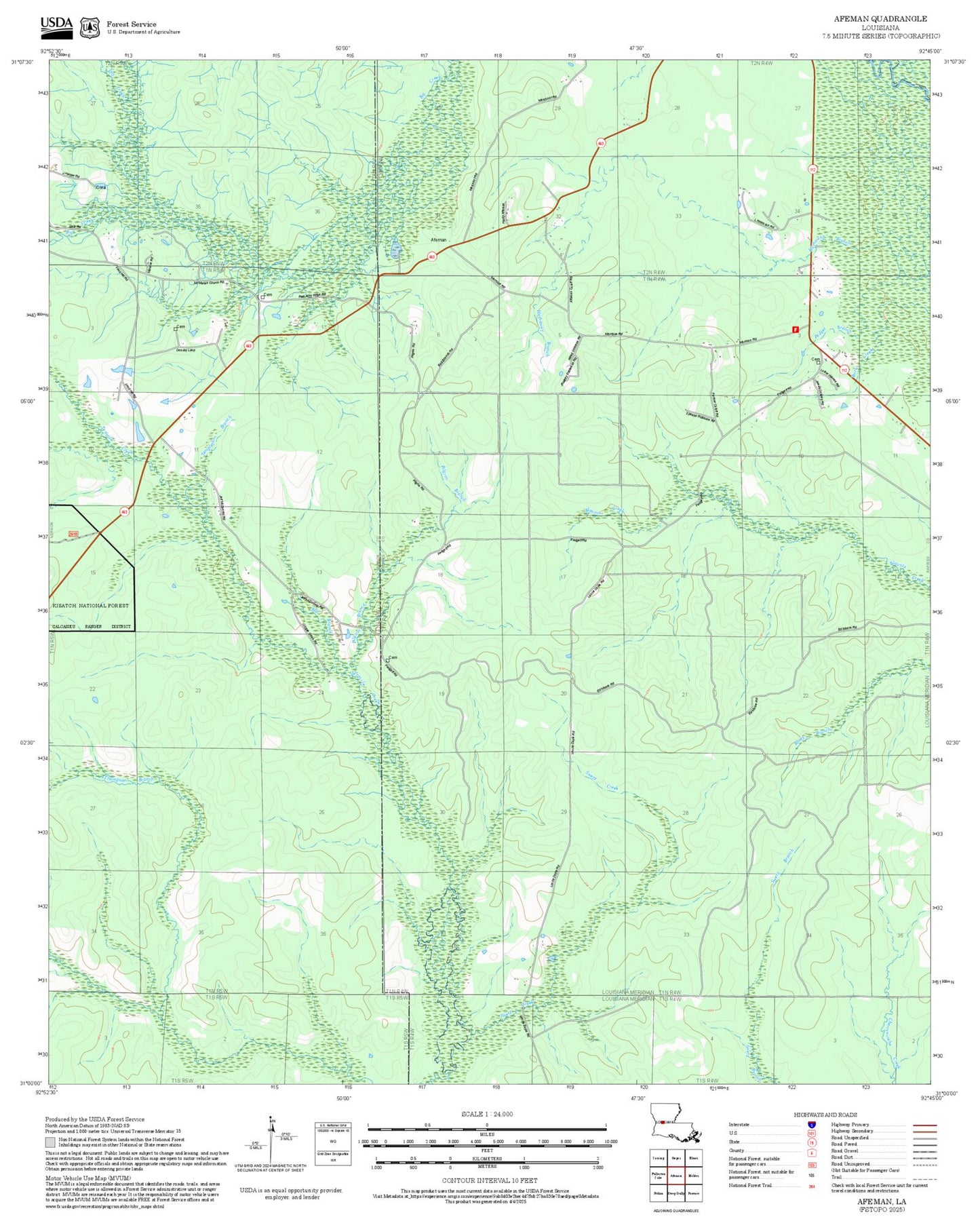 2025 Forest Service Topo Map of Afeman Louisiana