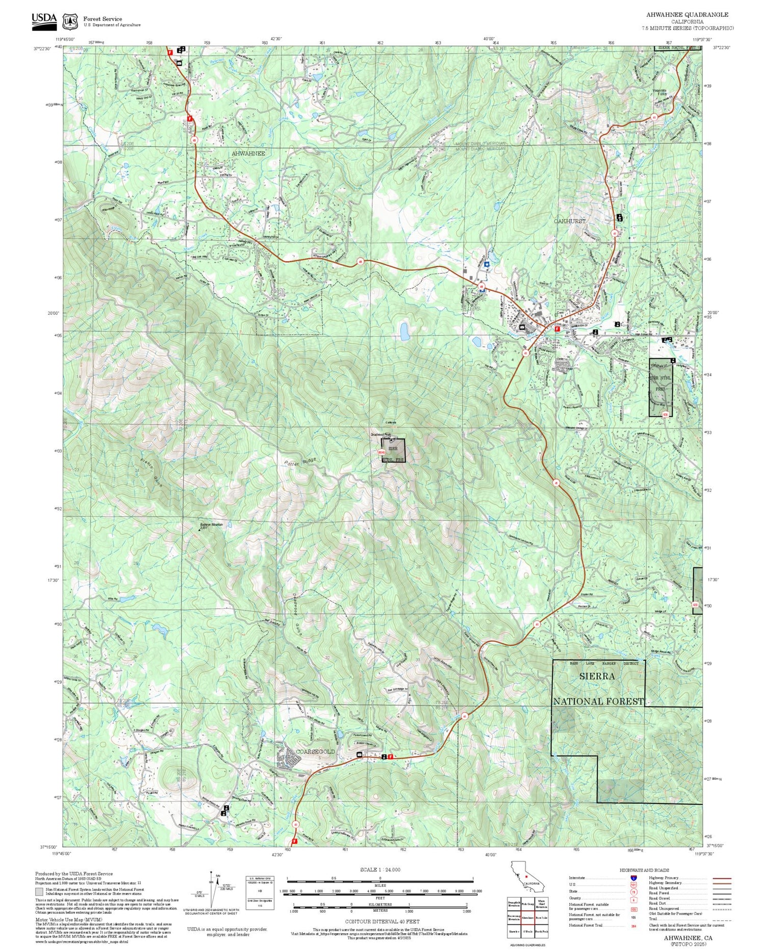 2025 Forest Service Topo Map of Ahwahnee California