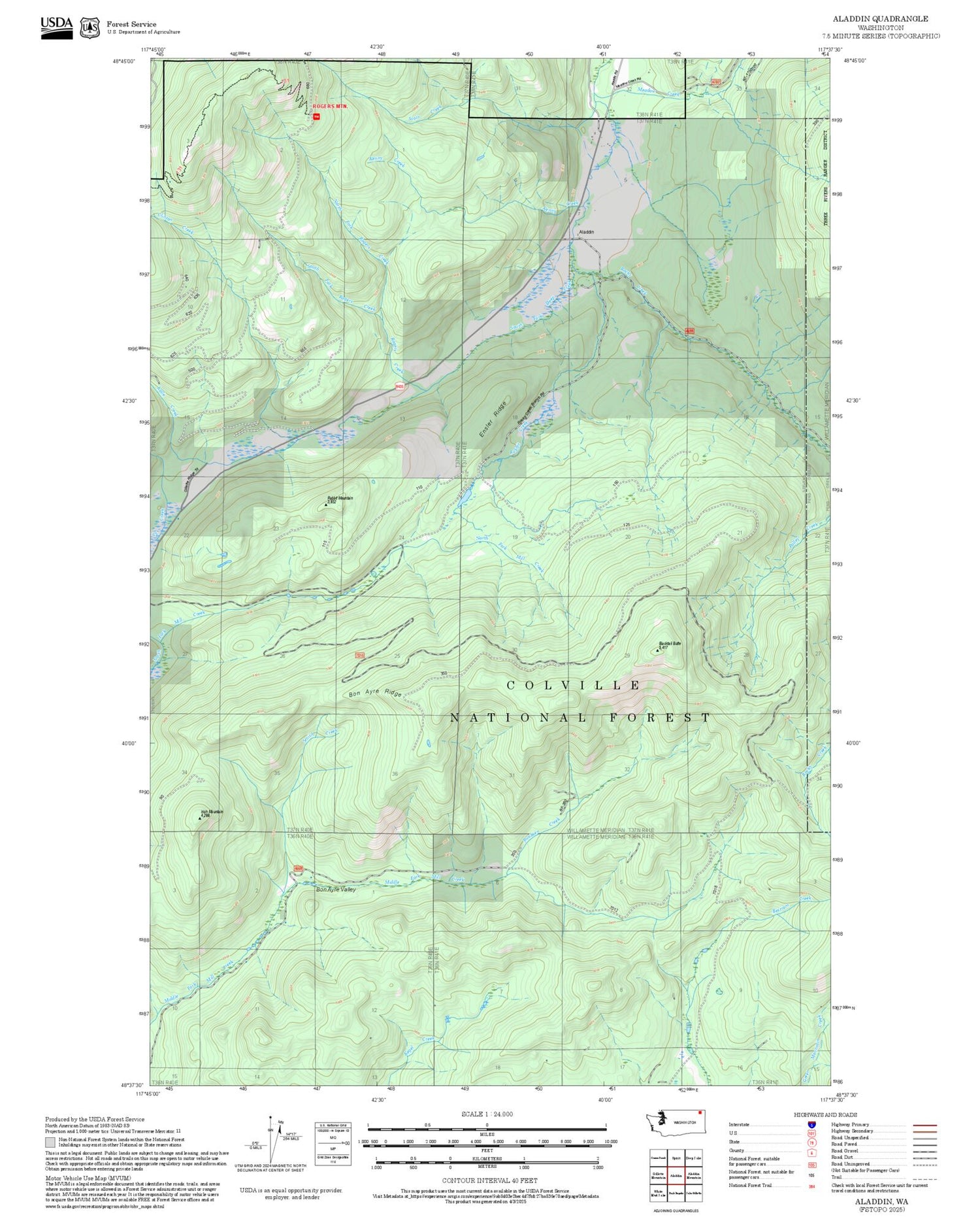 2025 Forest Service Topo Map of Aladdin Washington