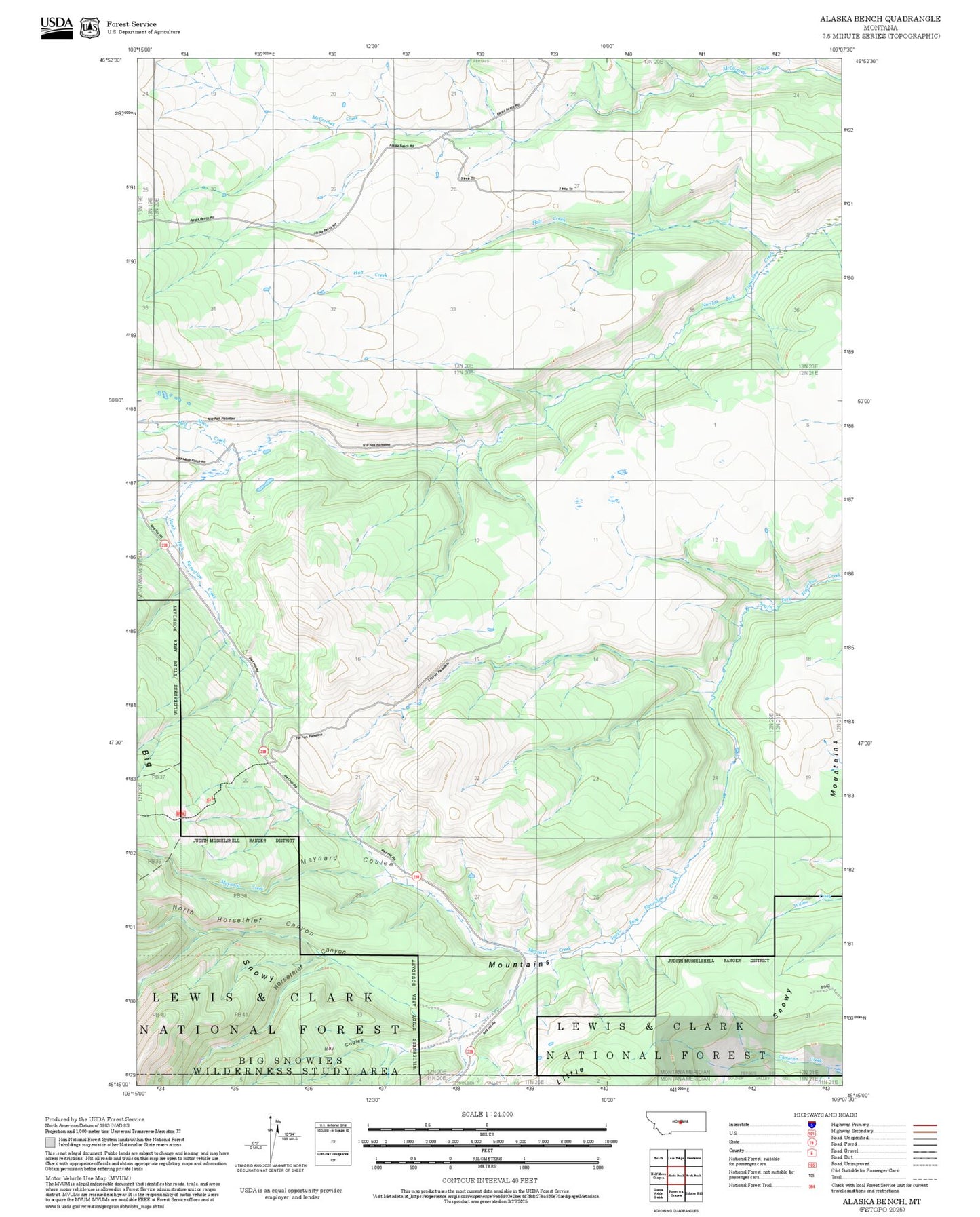 2025 Forest Service Topo Map of Alaska Bench Montana