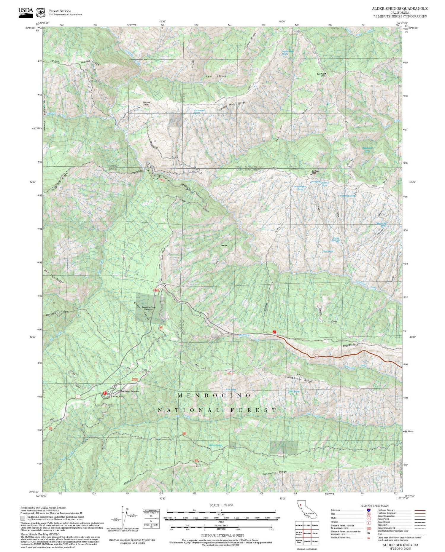 2025 Forest Service Topo Map of Alder Springs California