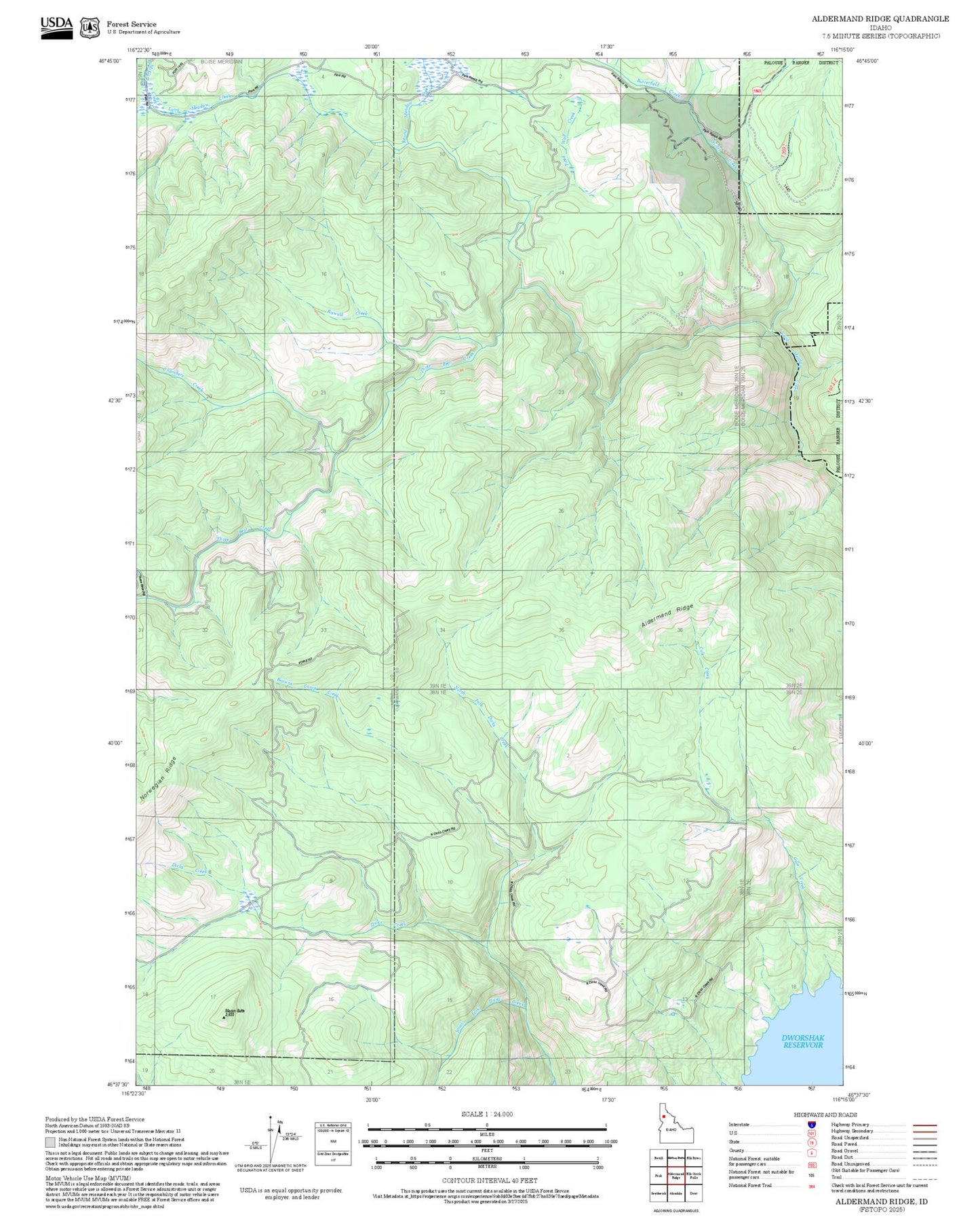 2025 Forest Service Topo Map of Aldermand Ridge Idaho