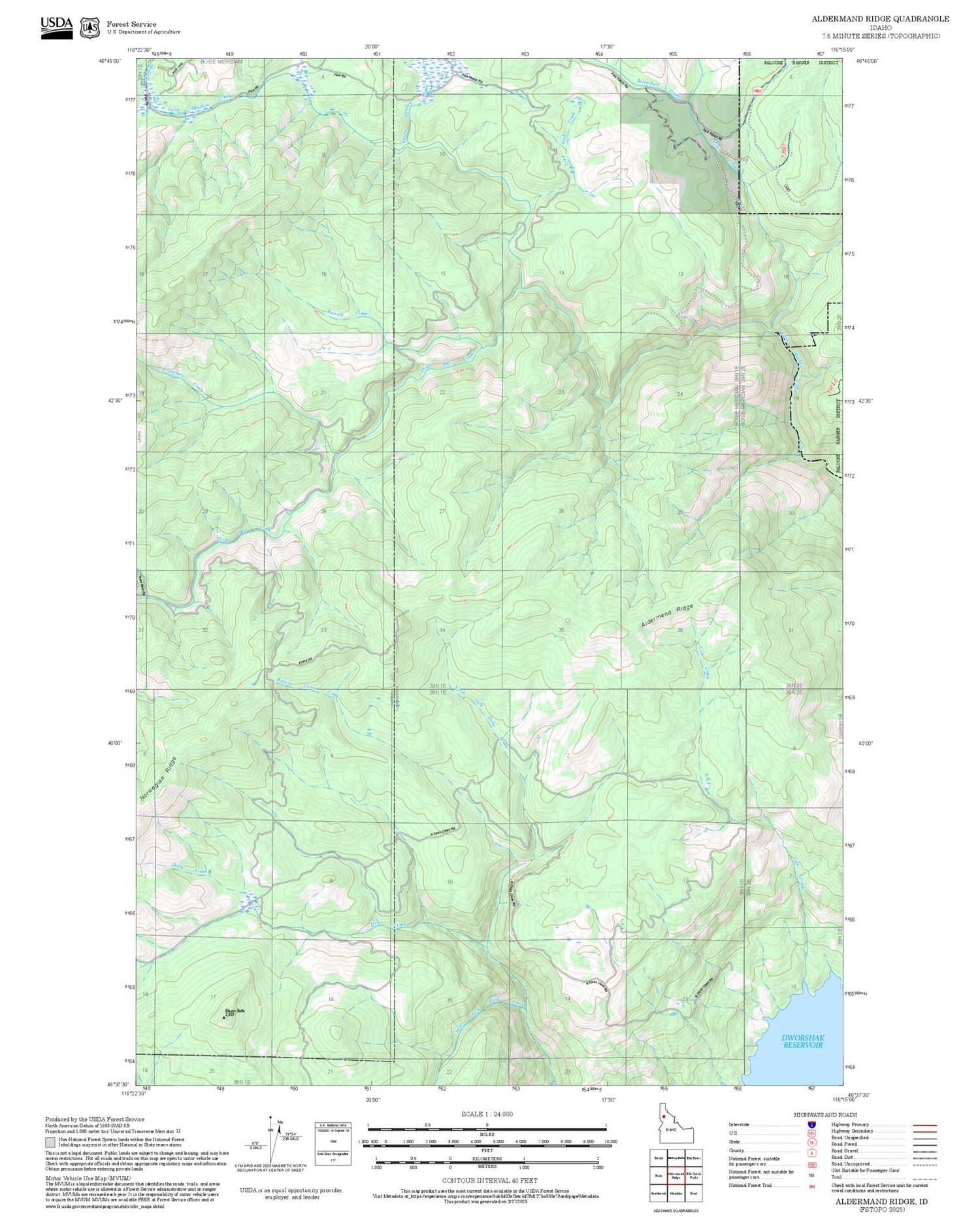 2025 Forest Service Topo Map of Aldermand Ridge Idaho