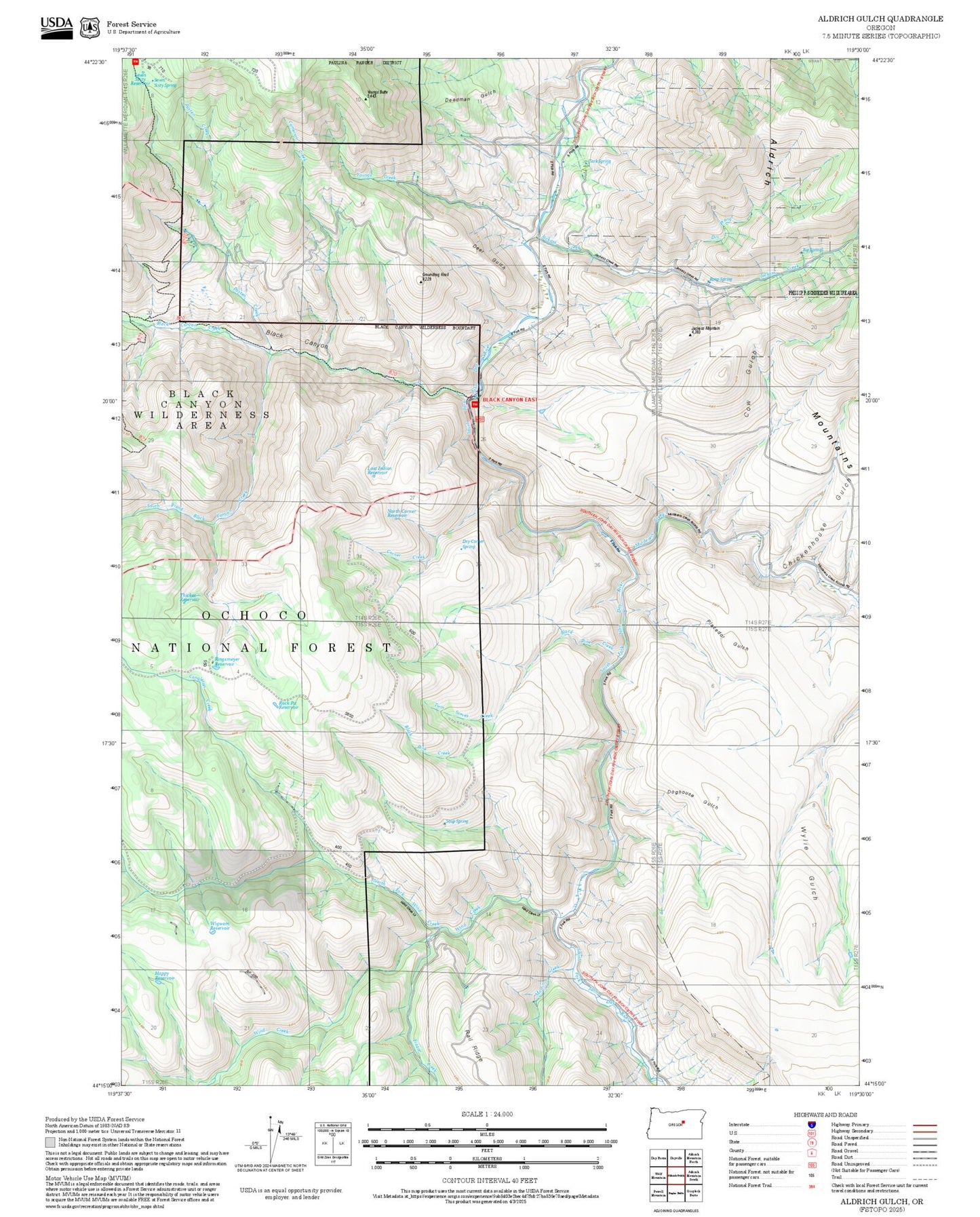 2025 Forest Service Topo Map of Aldrich Gulch Oregon