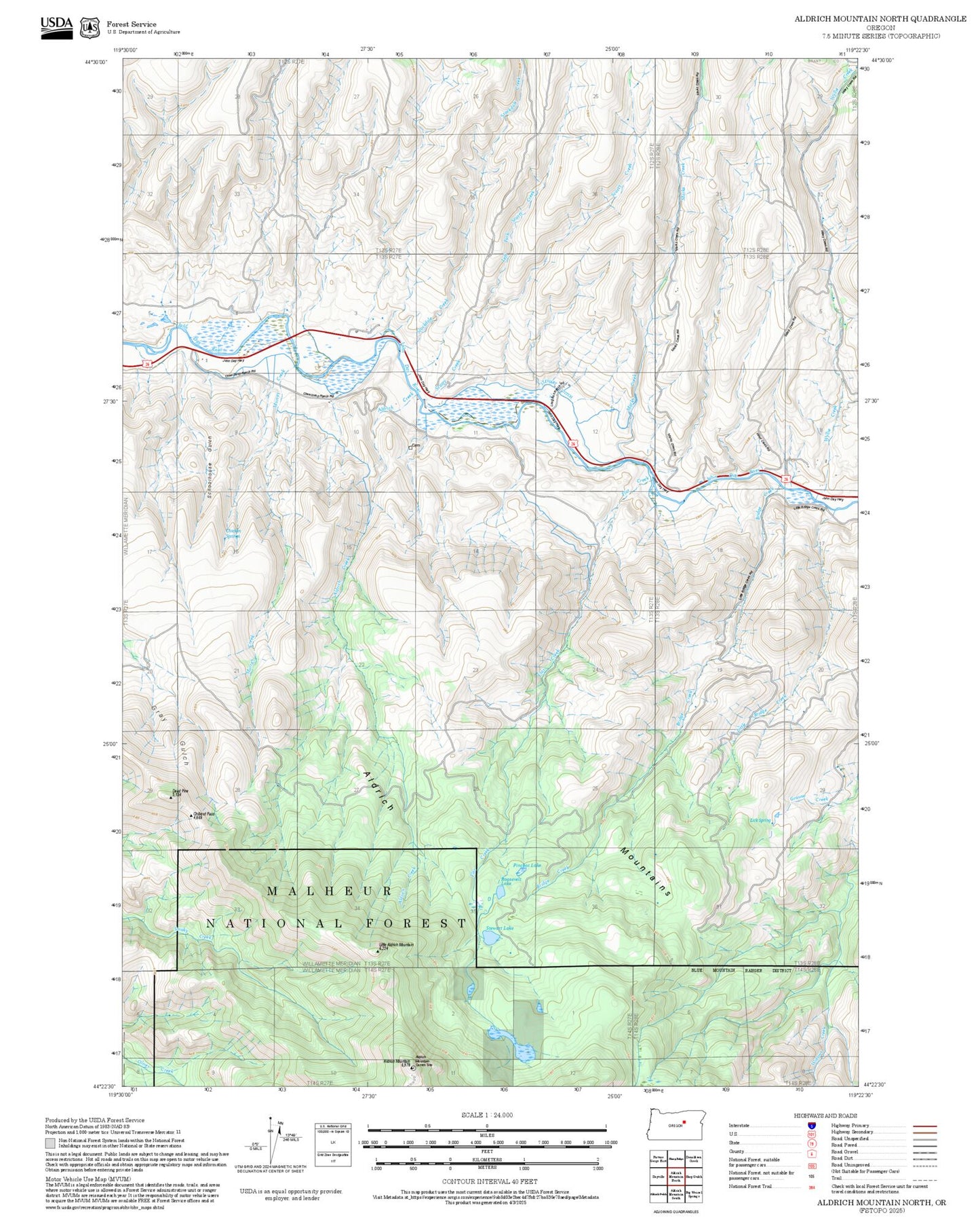 2025 Forest Service Topo Map of Aldrich Mountain North Oregon