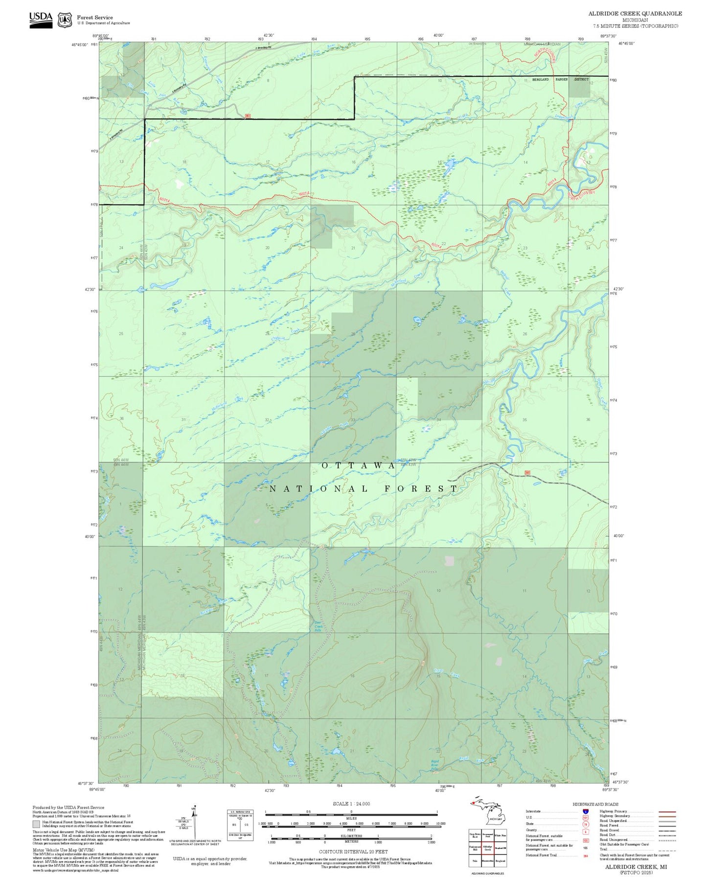 2025 Forest Service Topo Map of Aldridge Creek Michigan