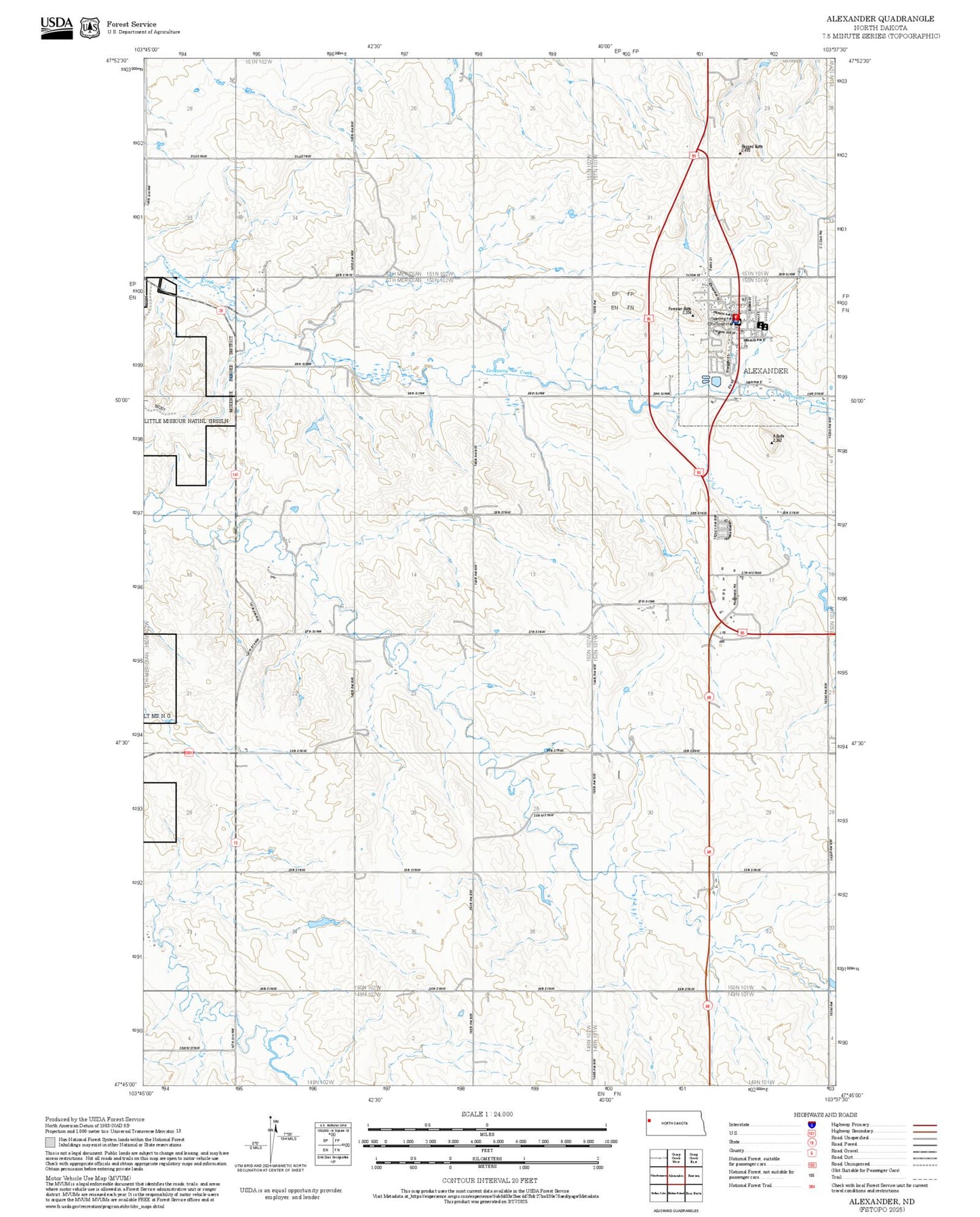 2025 Forest Service Topo Map of Alexander North Dakota