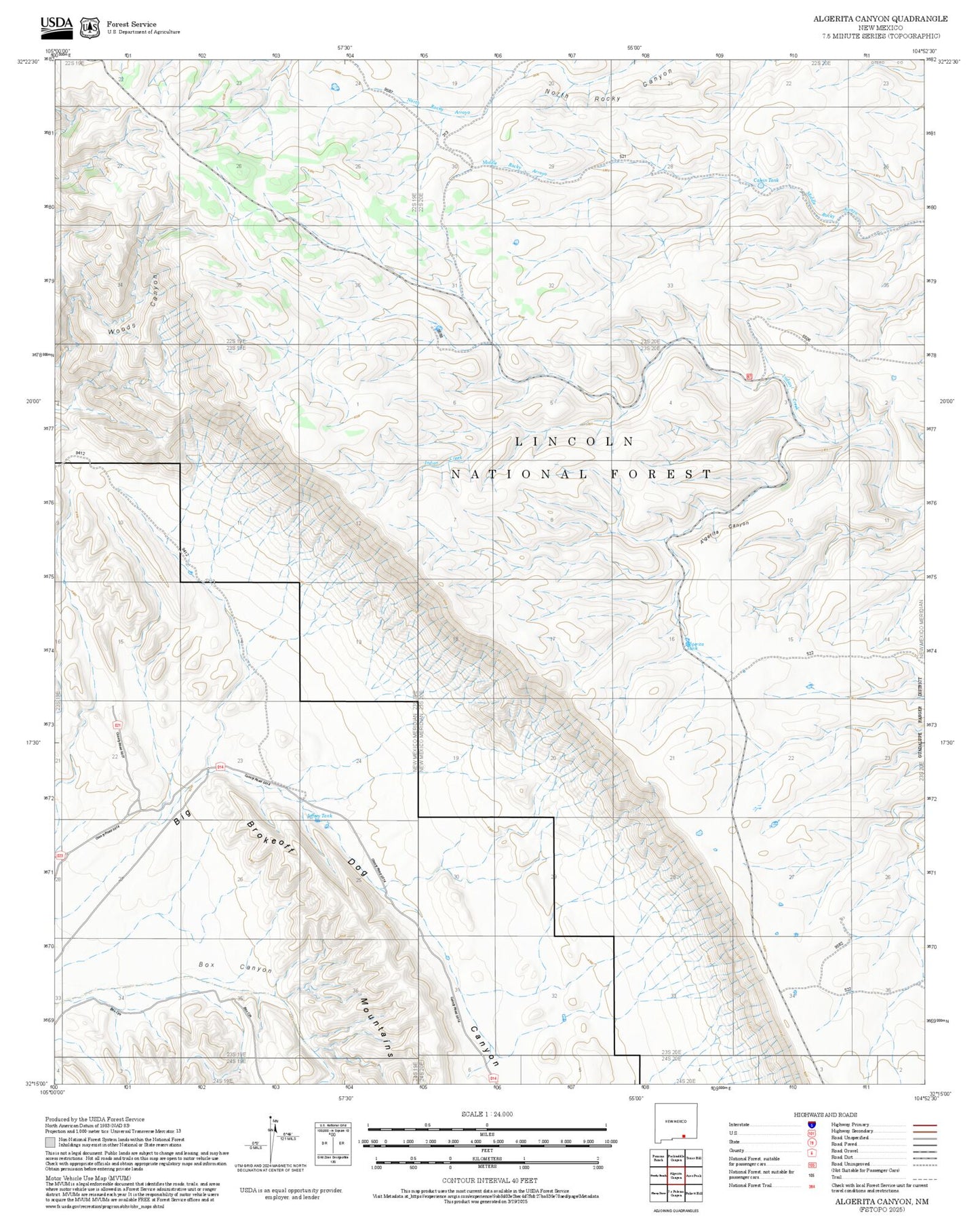 2025 Forest Service Topo Map of Algerita Canyon New Mexico
