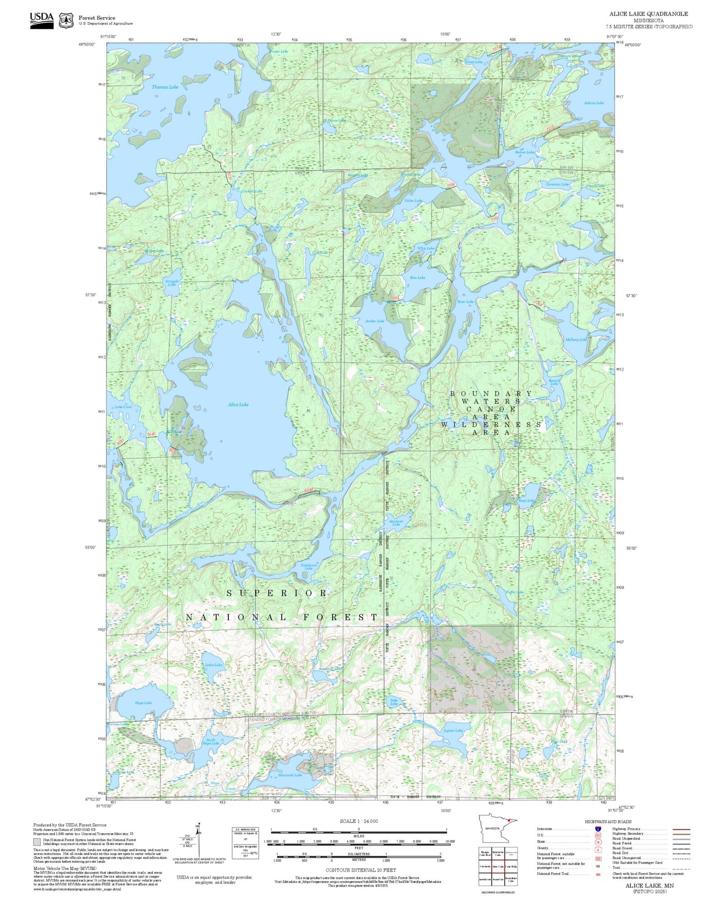 2025 Forest Service Topo Map of Alice Lake Minnesota
