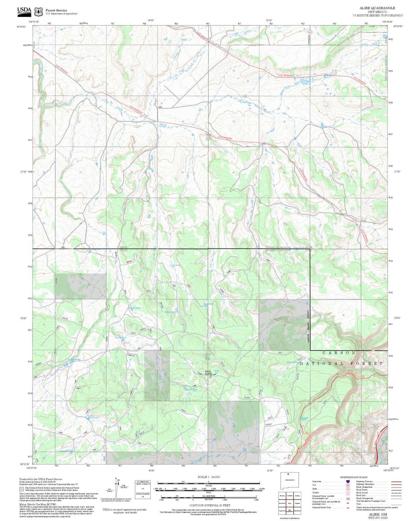 2025 Forest Service Topo Map of Alire New Mexico