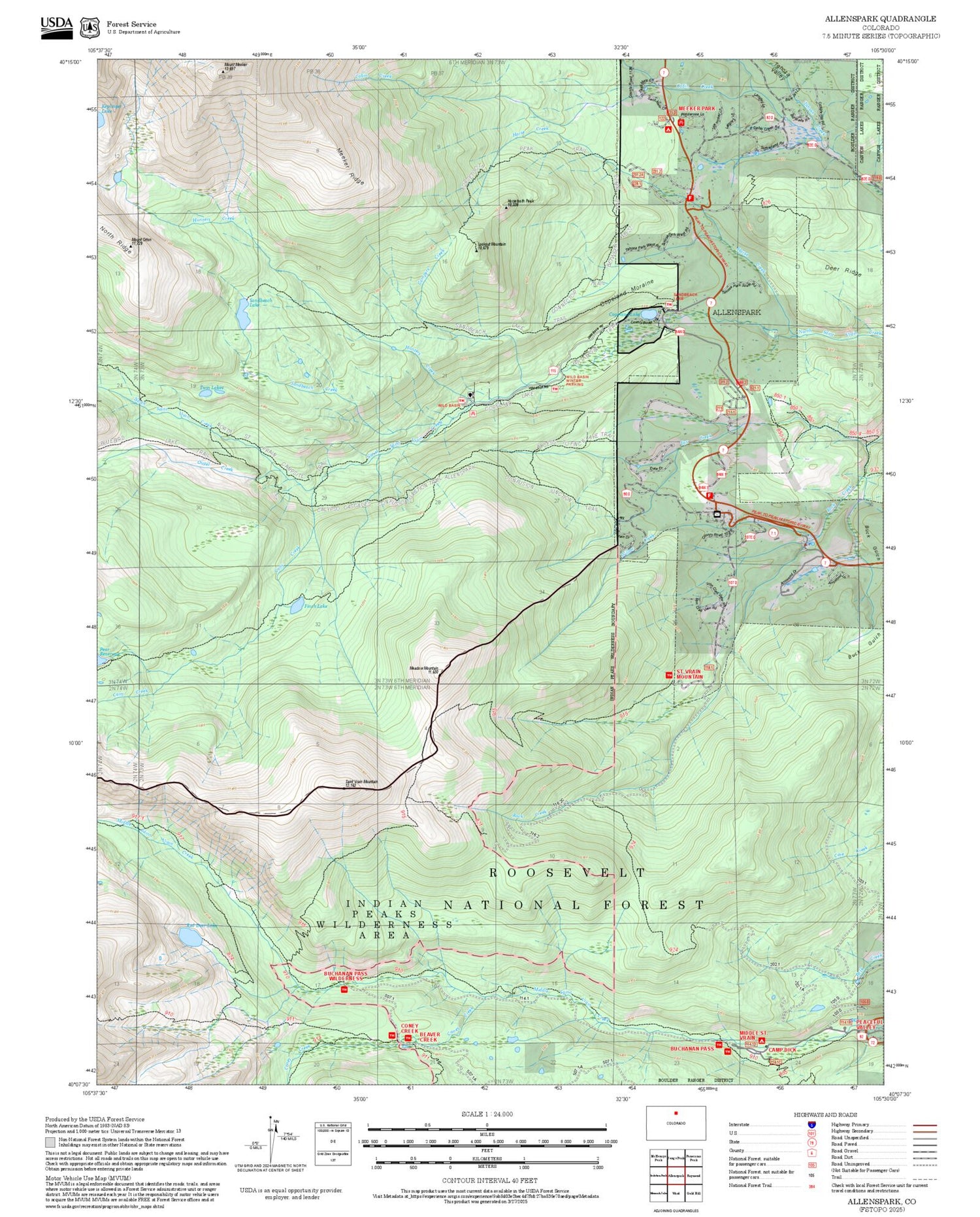 2025 Forest Service Topo Map of Allenspark Colorado