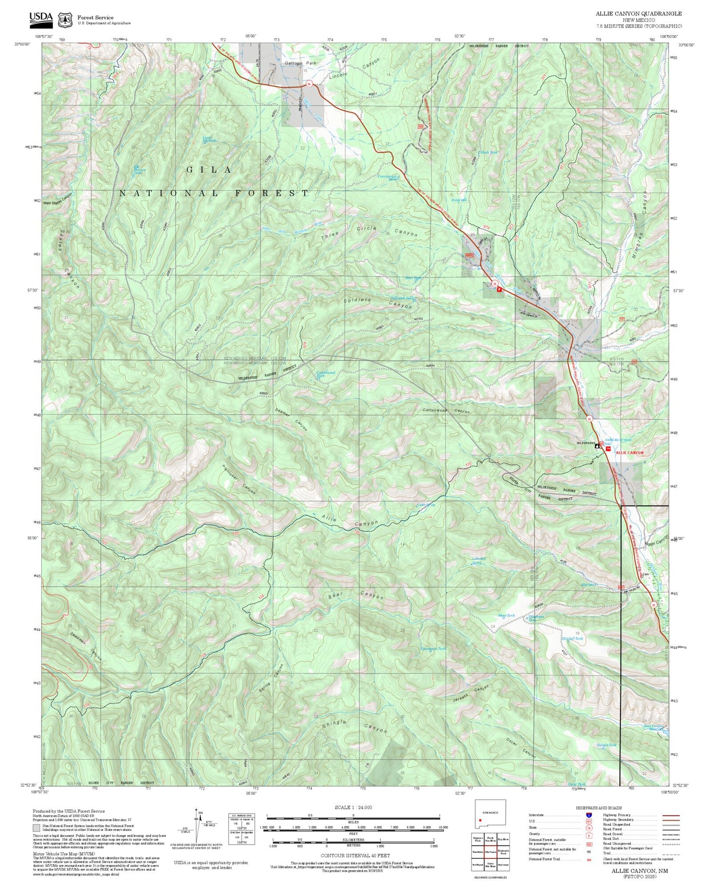 2025 Forest Service Topo Map of Allie Canyon New Mexico