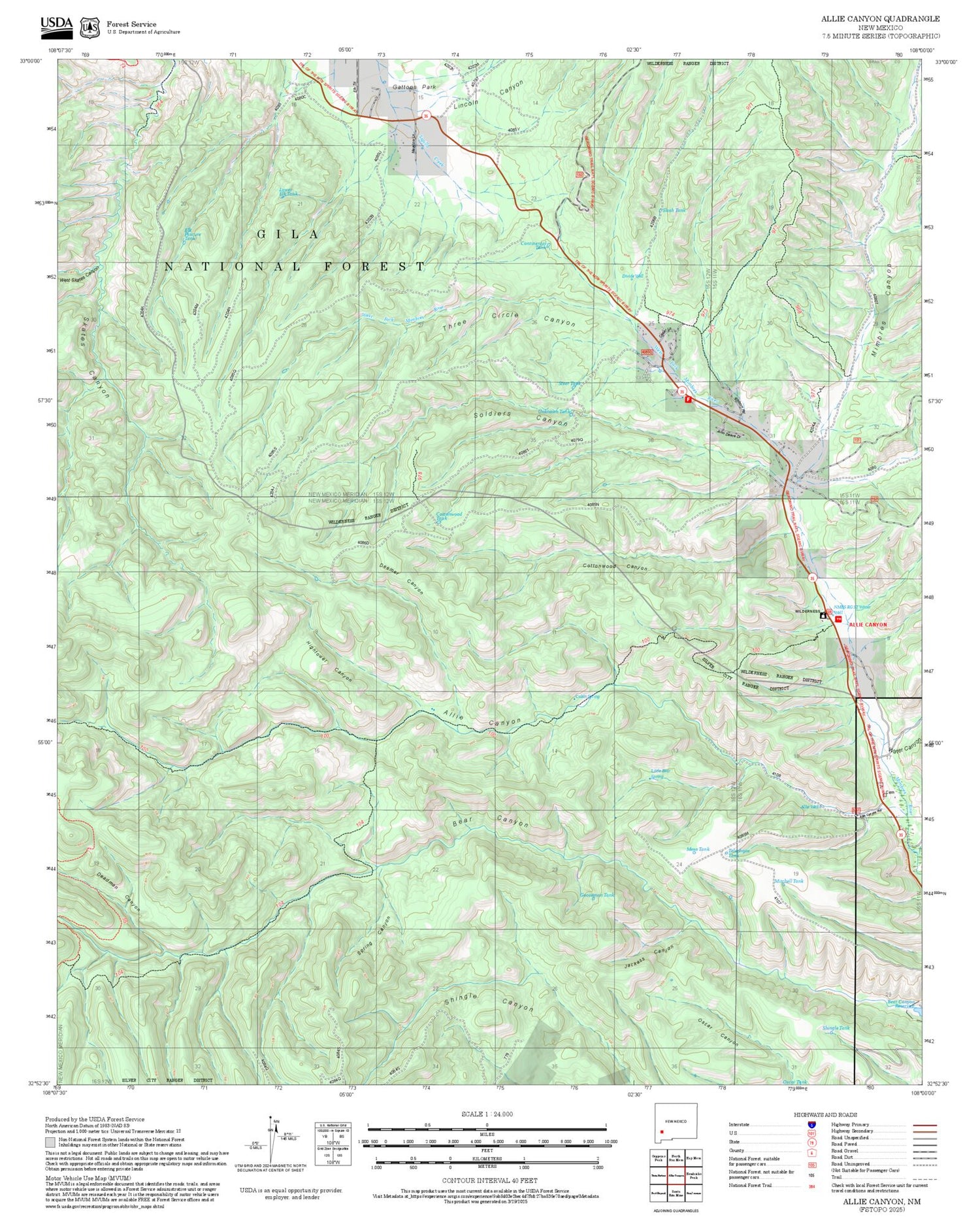 2025 Forest Service Topo Map of Allie Canyon New Mexico