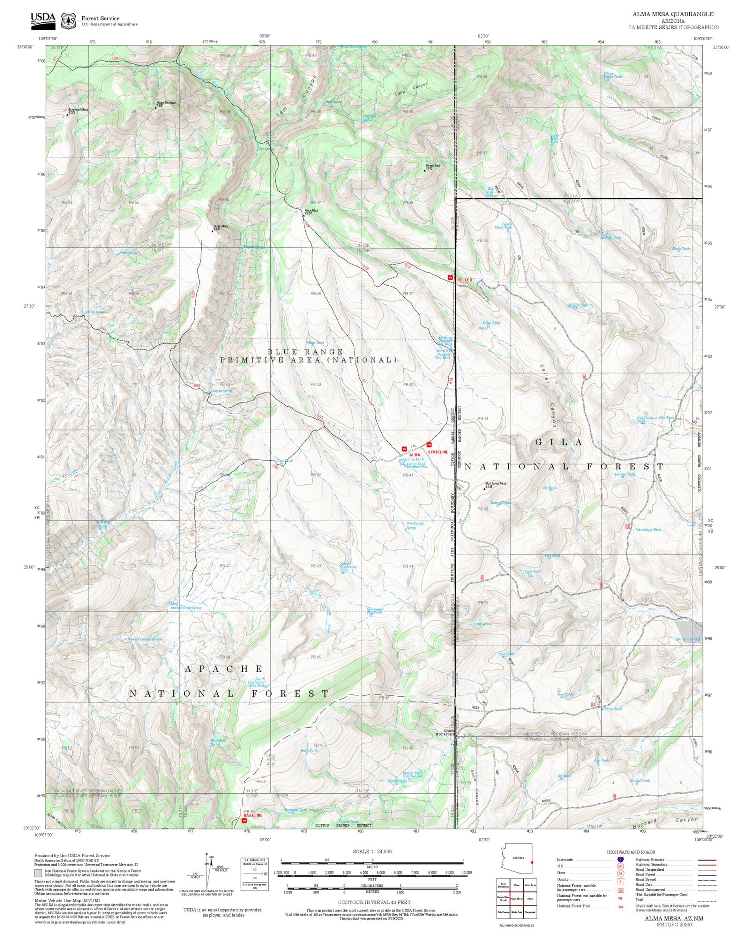2025 Forest Service Topo Map of Alma Mesa Arizona