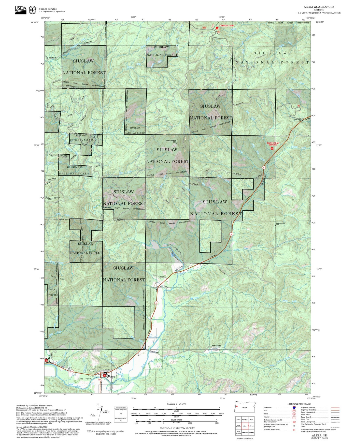 2025 Forest Service Topo Map of Alsea Oregon