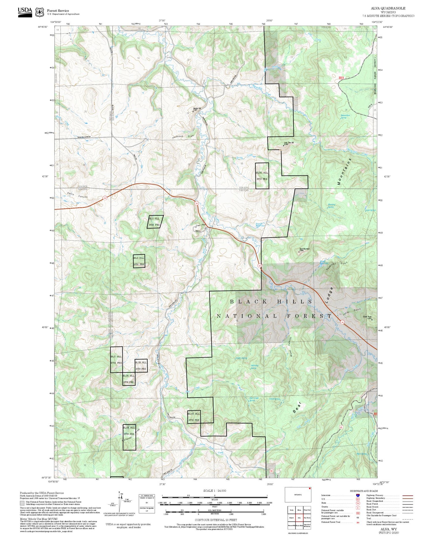 2025 Forest Service Topo Map of Alva Wyoming