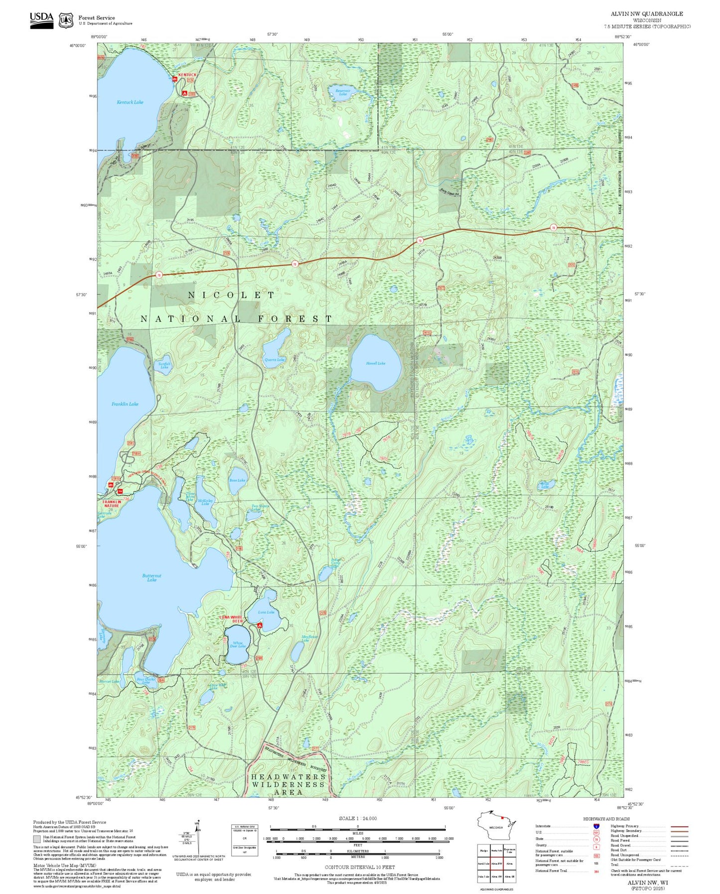 2025 Forest Service Topo Map of Alvin NW Wisconsin