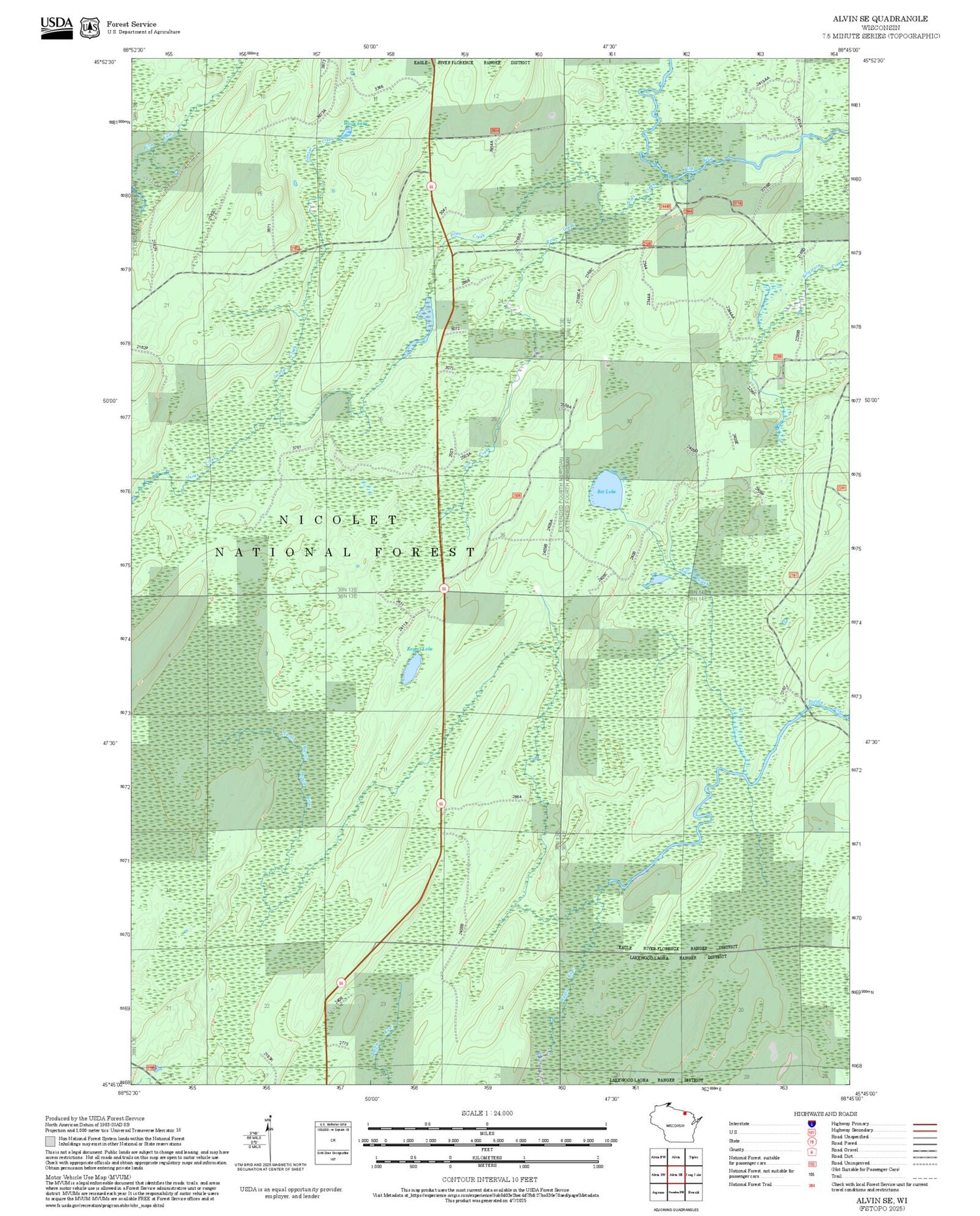 2025 Forest Service Topo Map of Alvin SE Wisconsin
