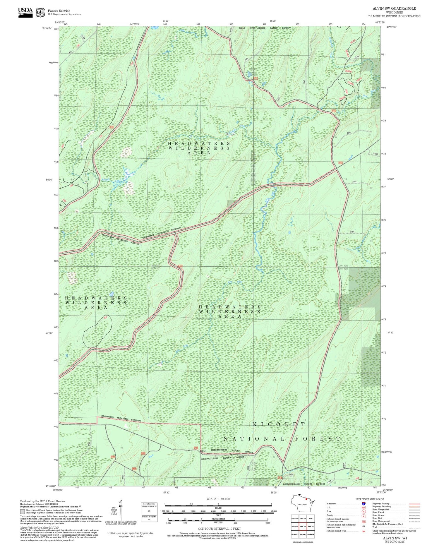2025 Forest Service Topo Map of Alvin SW Wisconsin