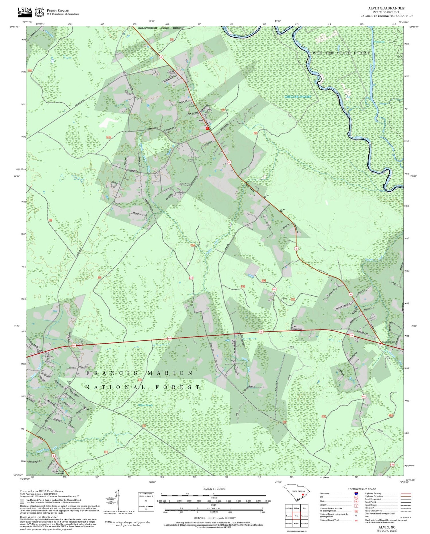 2025 Forest Service Topo Map of Alvin South Carolina