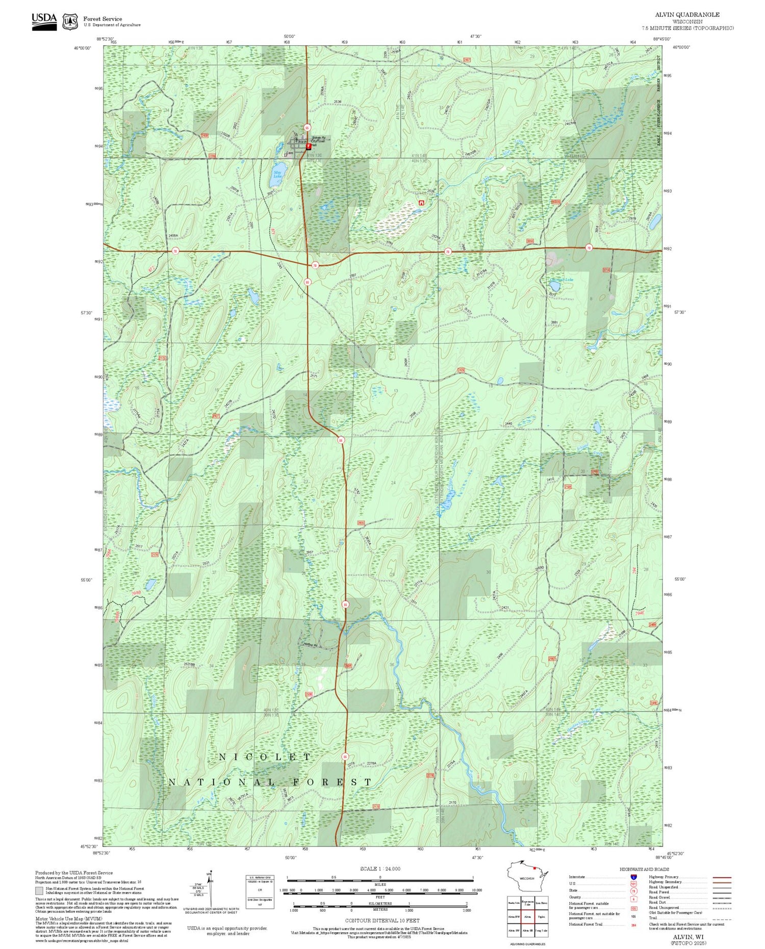 2025 Forest Service Topo Map of Alvin Wisconsin