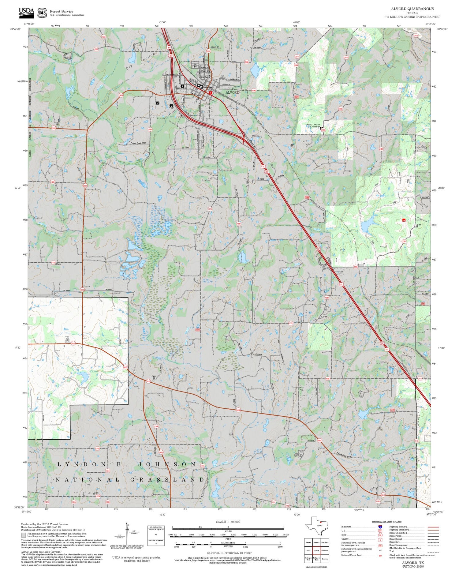 2025 Forest Service Topo Map of Alvord Texas