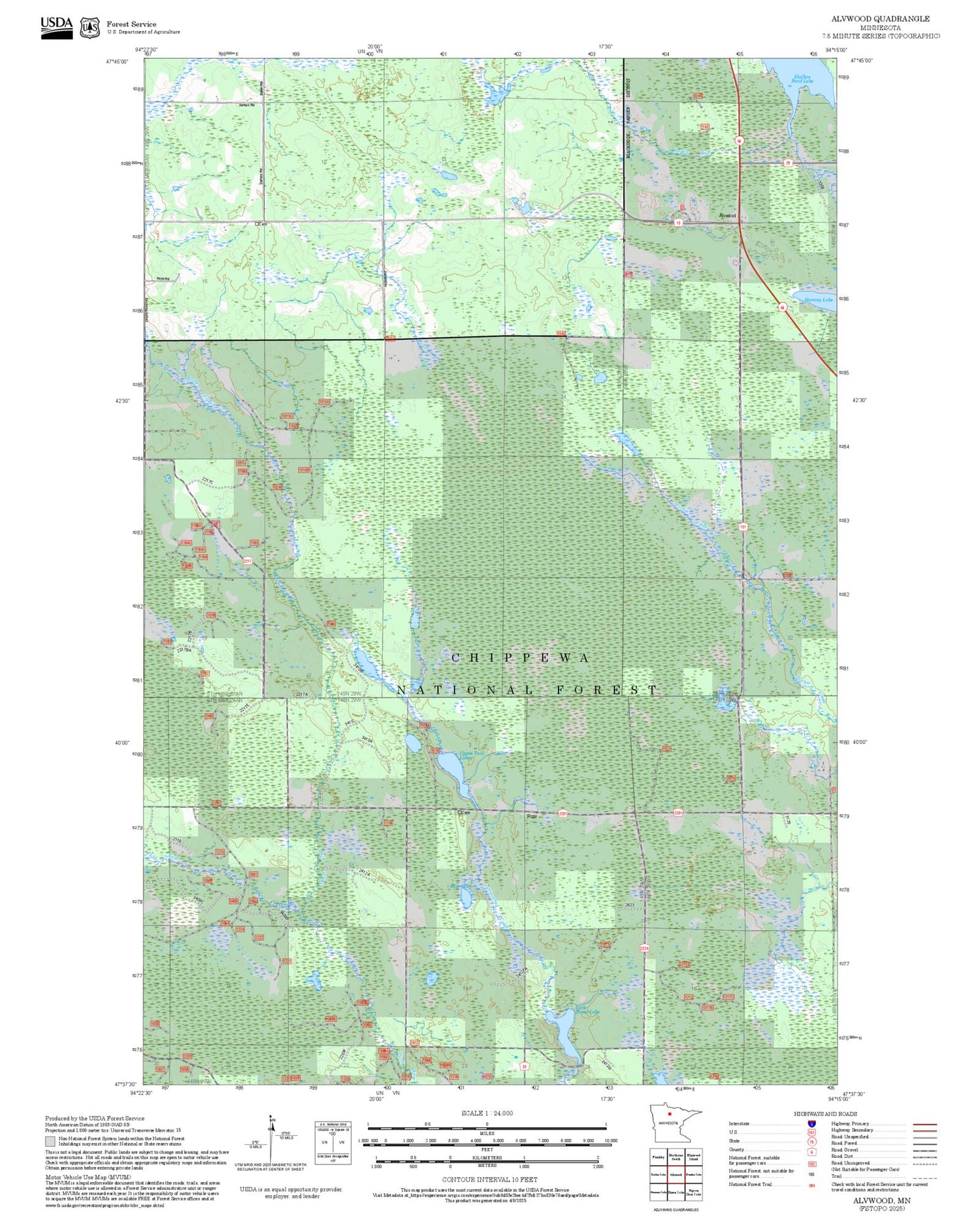 2025 Forest Service Topo Map of Alvwood Minnesota