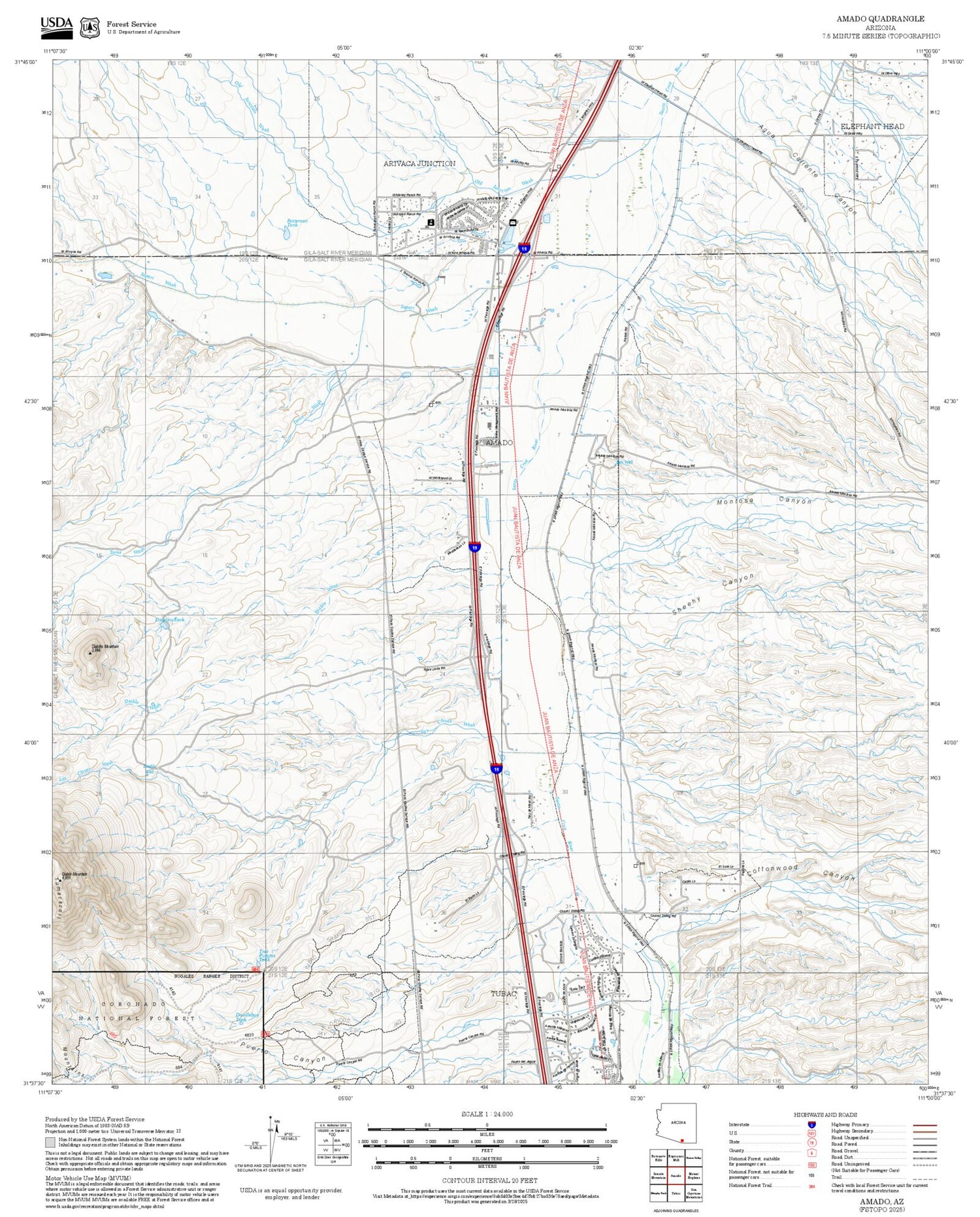2025 Forest Service Topo Map of Amado Arizona