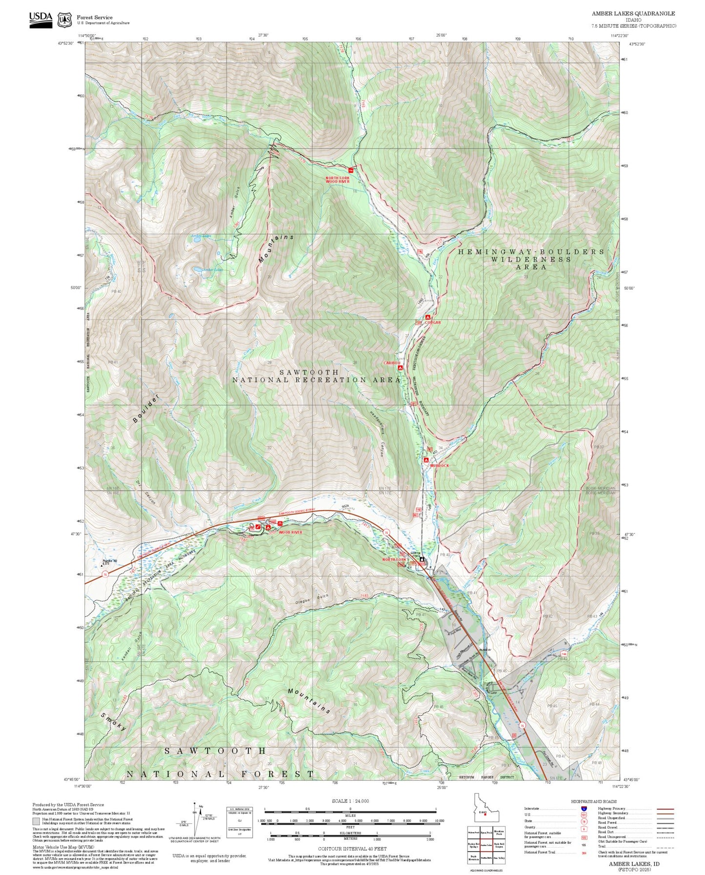 2025 Forest Service Topo Map of Amber Lakes Idaho