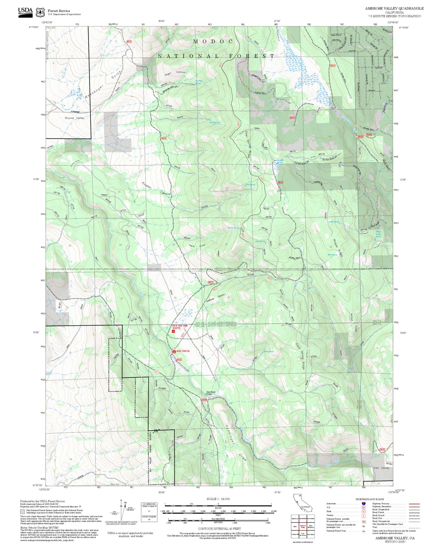 2025 Forest Service Topo Map of Ambrose Valley California